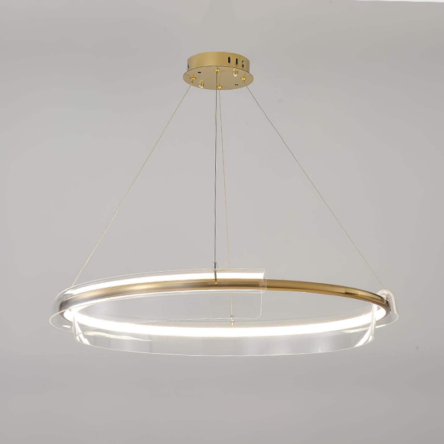 Illuminated gold-and-clear ring chandelier in full view