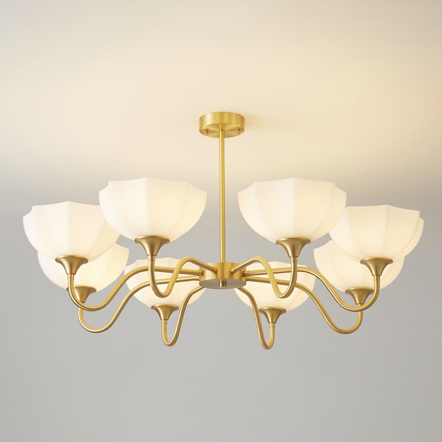 Upward-facing eight-bowl chandelier with curved brass arms