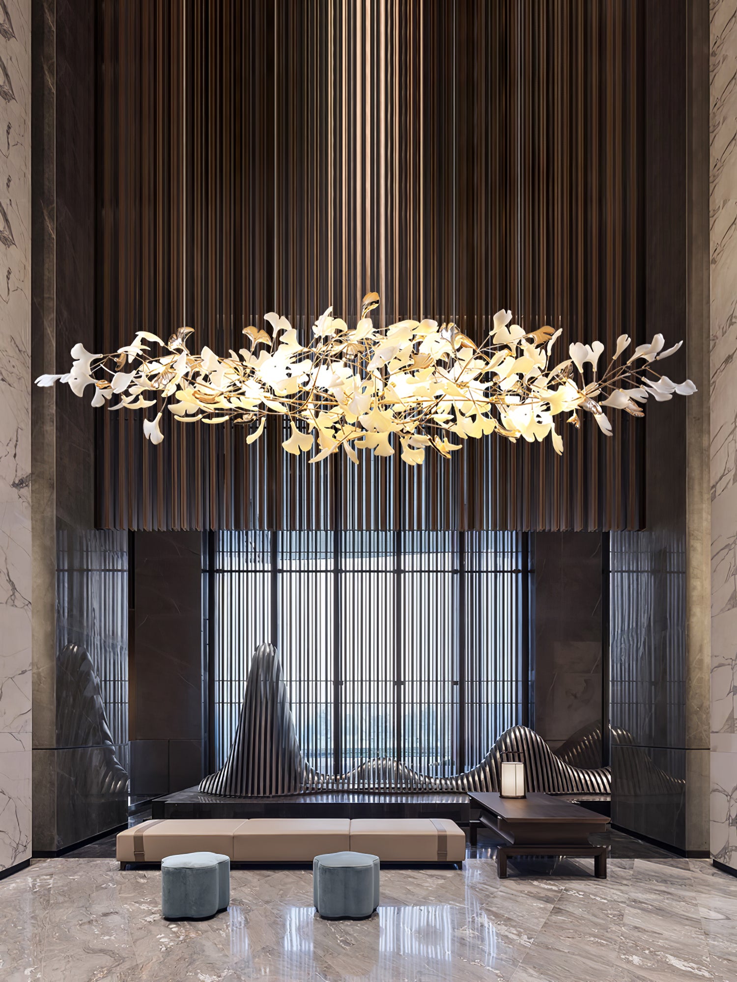 Portrait marble lounge with glowing horizontal leaf cloud over bench and blue stools against vertical slats