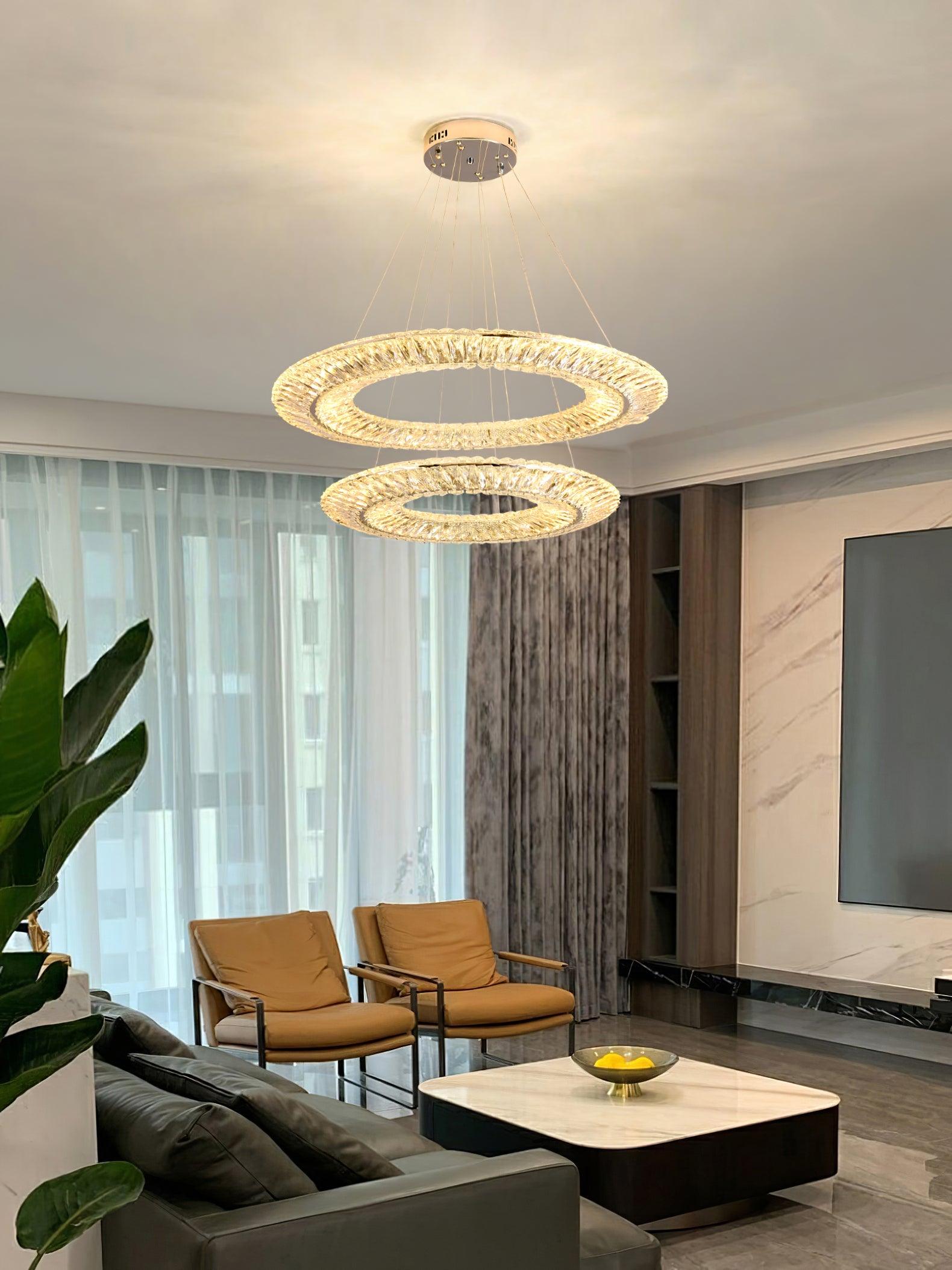 Two-ring chandelier arrangement in a lounge