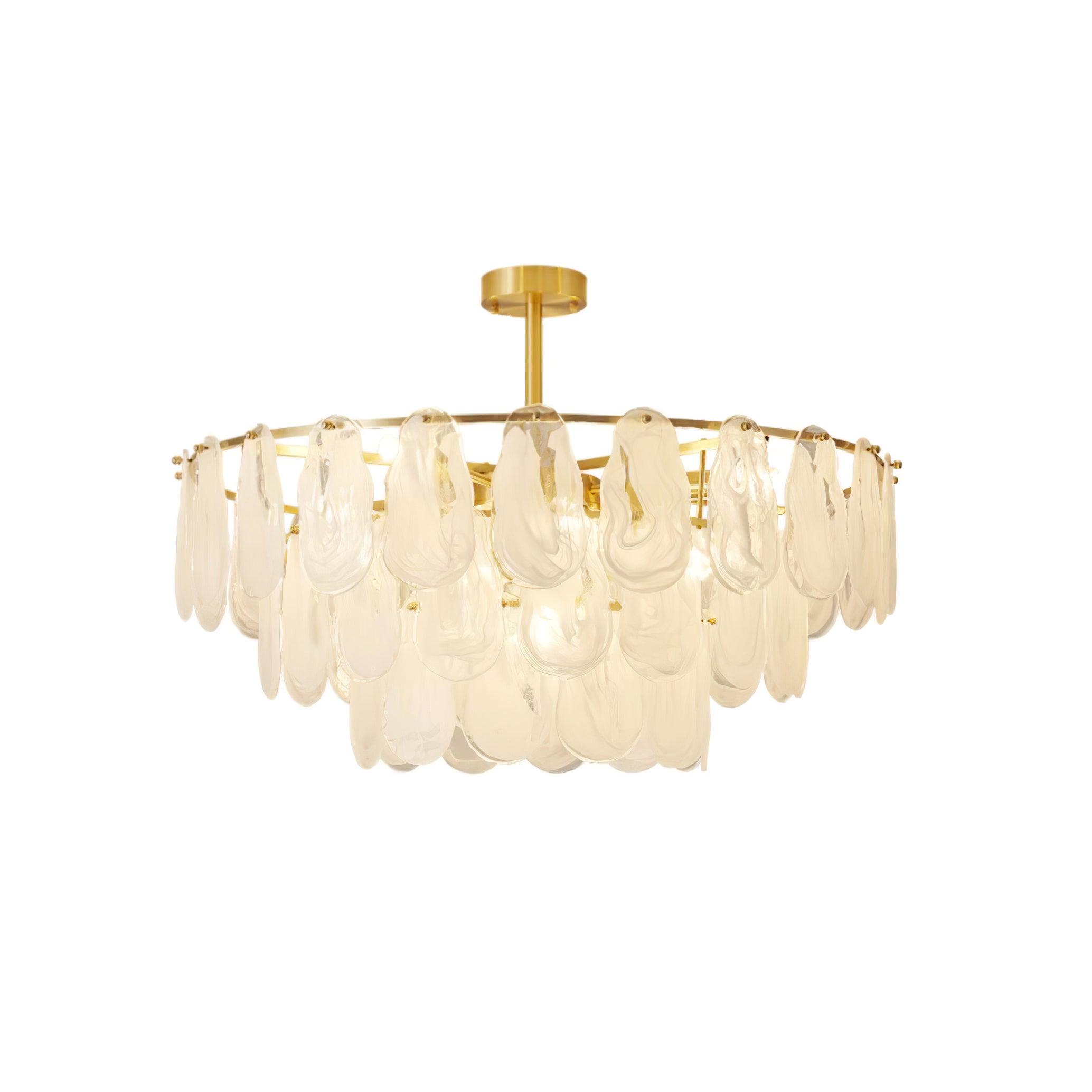 Front view of Round Cloud layered glass suspended beneath a short gold-tone central rod