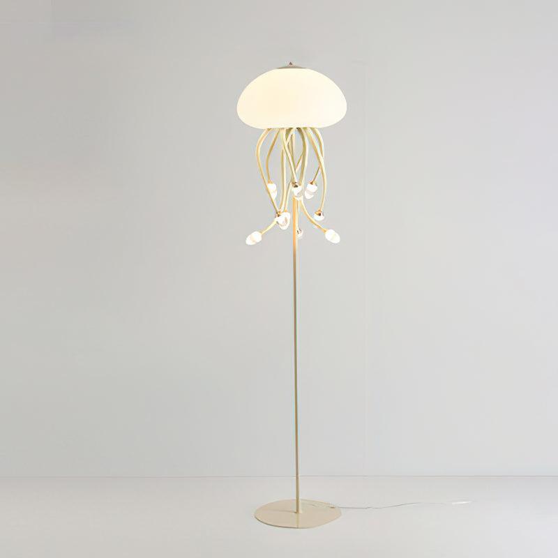 Beige 9+1 Jellyfish floor lamp on pale background, with nine hanging droplet lights beneath dome and slender pole.