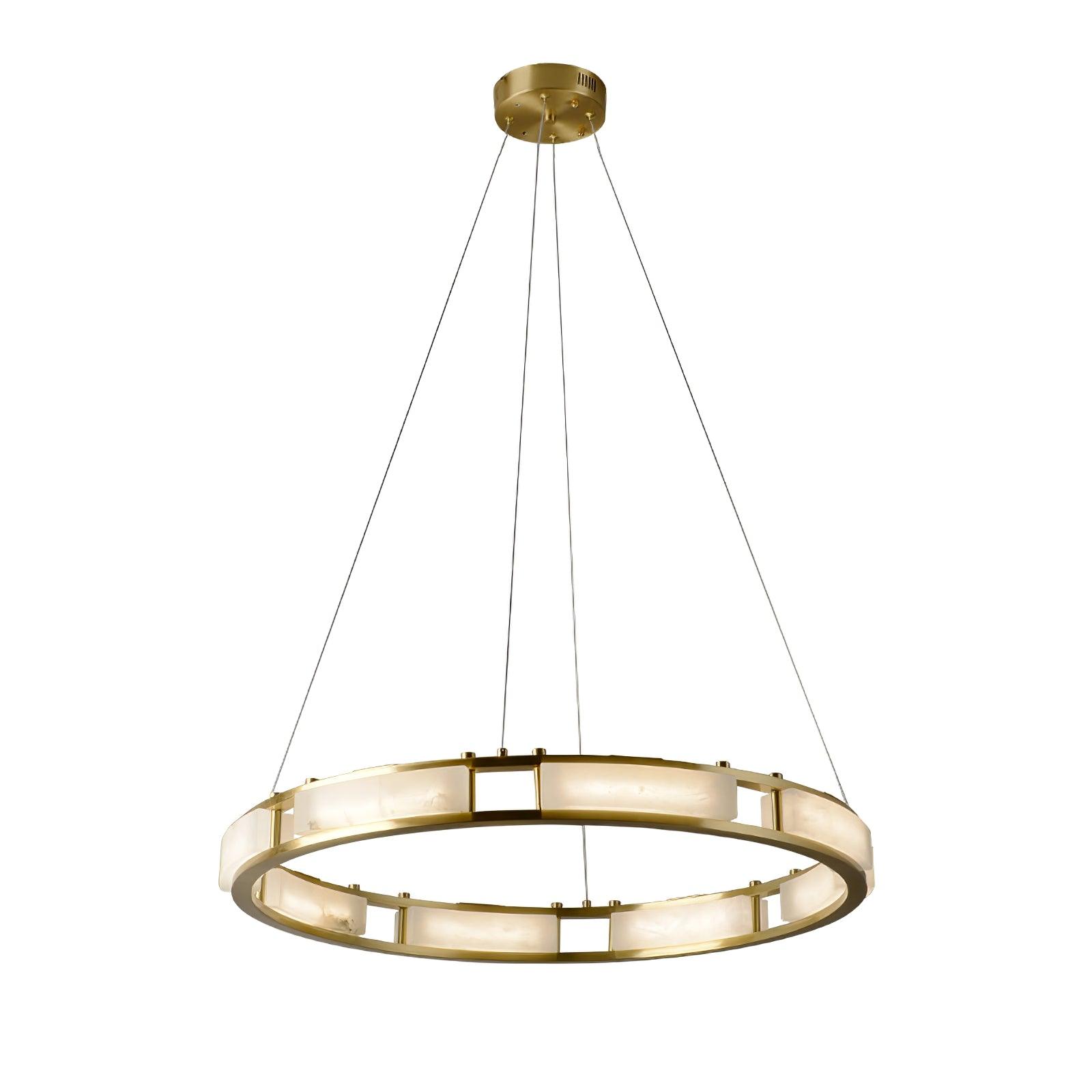 Full Qatar chandelier showing round canopy and ring suspension