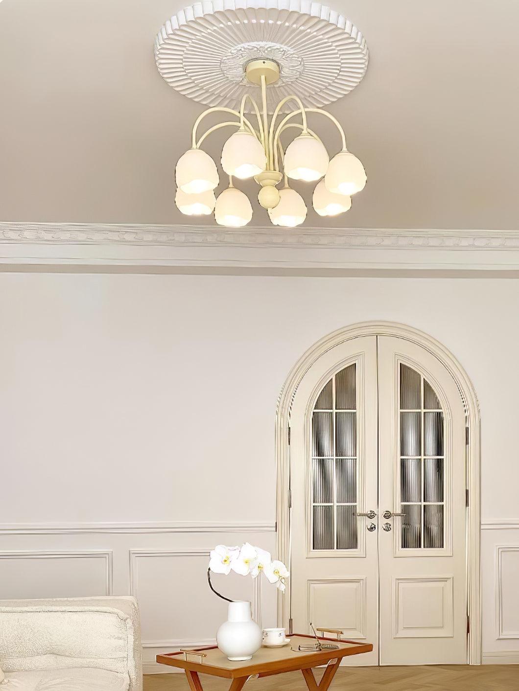 Creamy chandelier with white glass shades