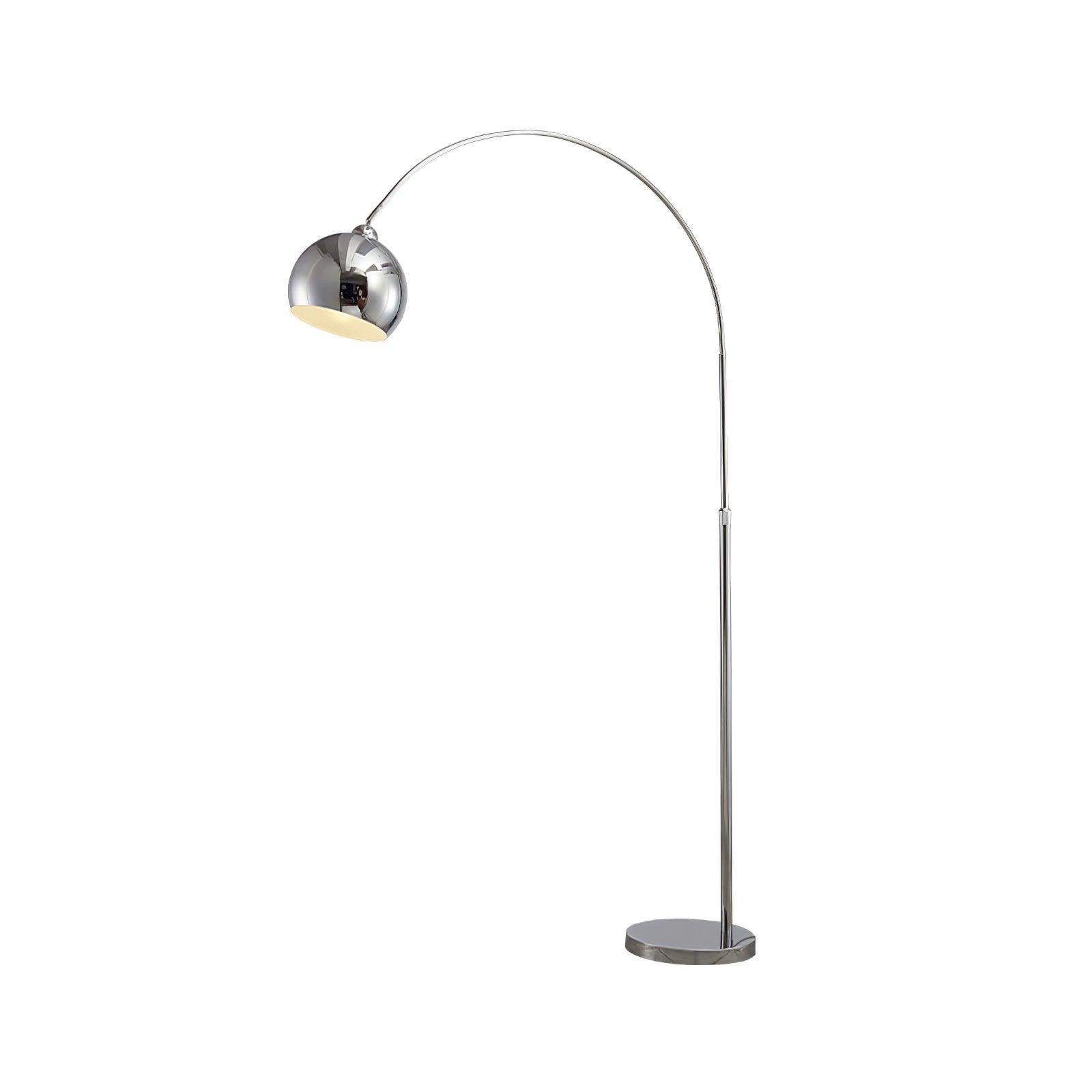 Chrome Angler arc floor lamp with a reflective dome shade and round base