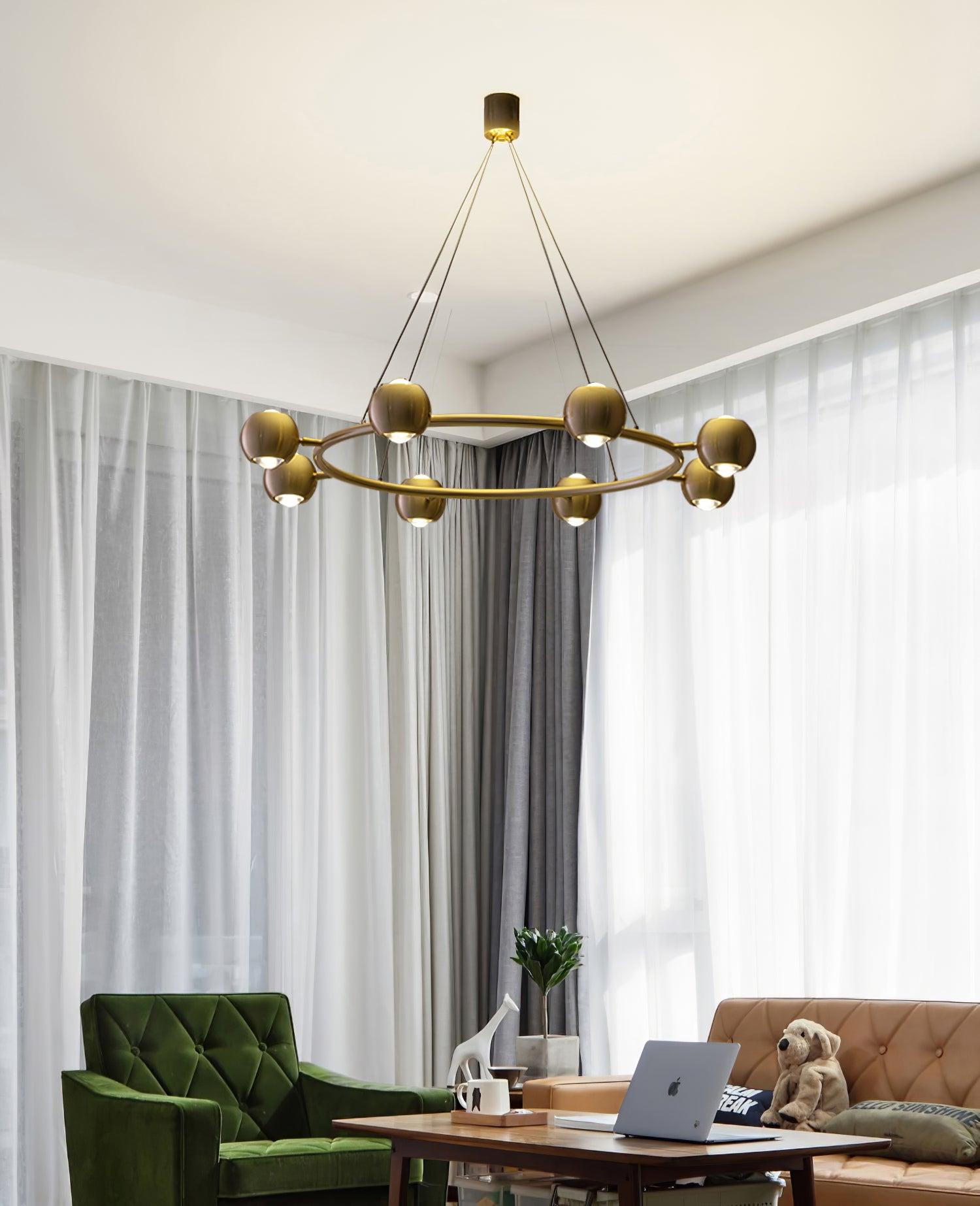 Eight-head chandelier above a table near curtains