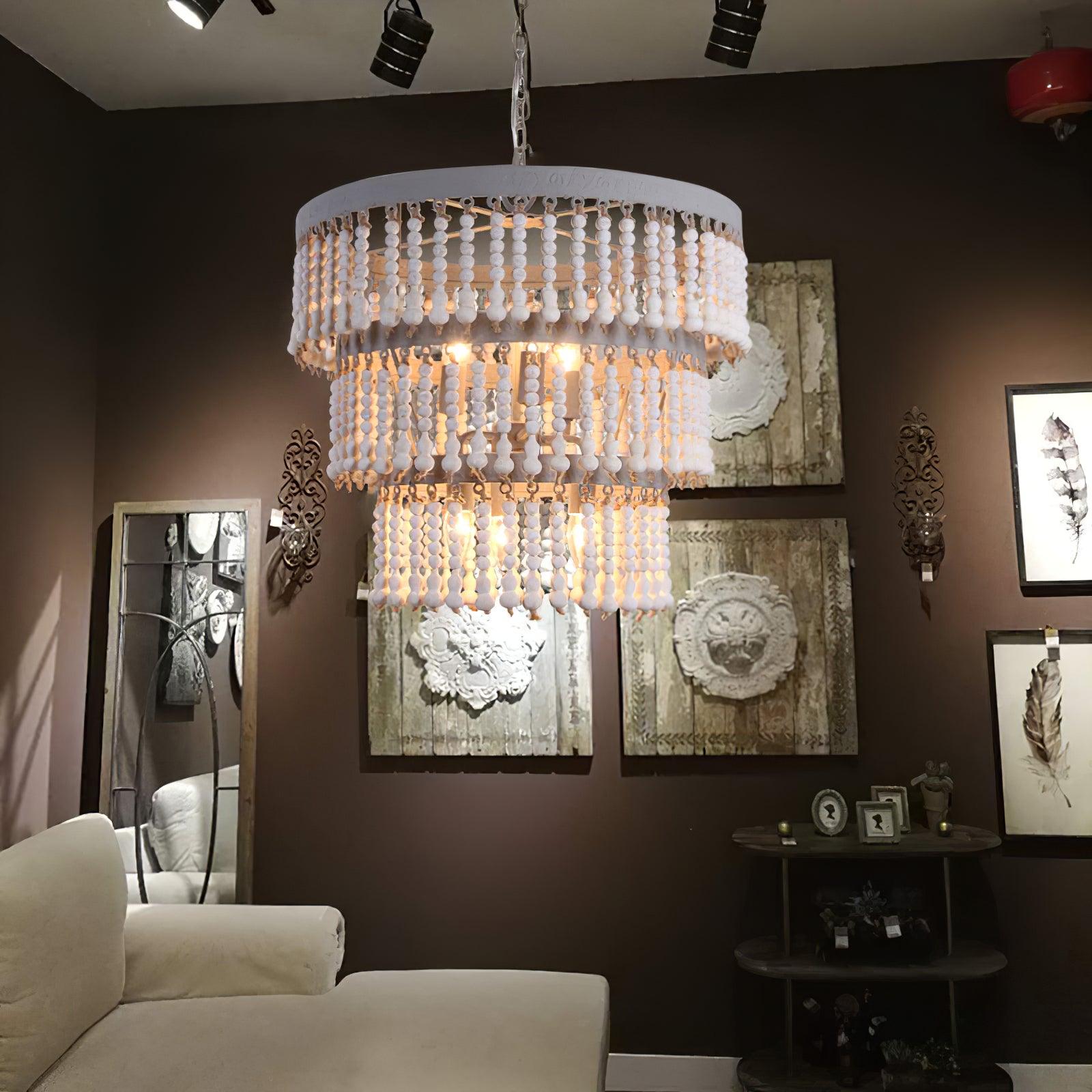 Three Tiered Wood Beaded Chandelier - Cueteks