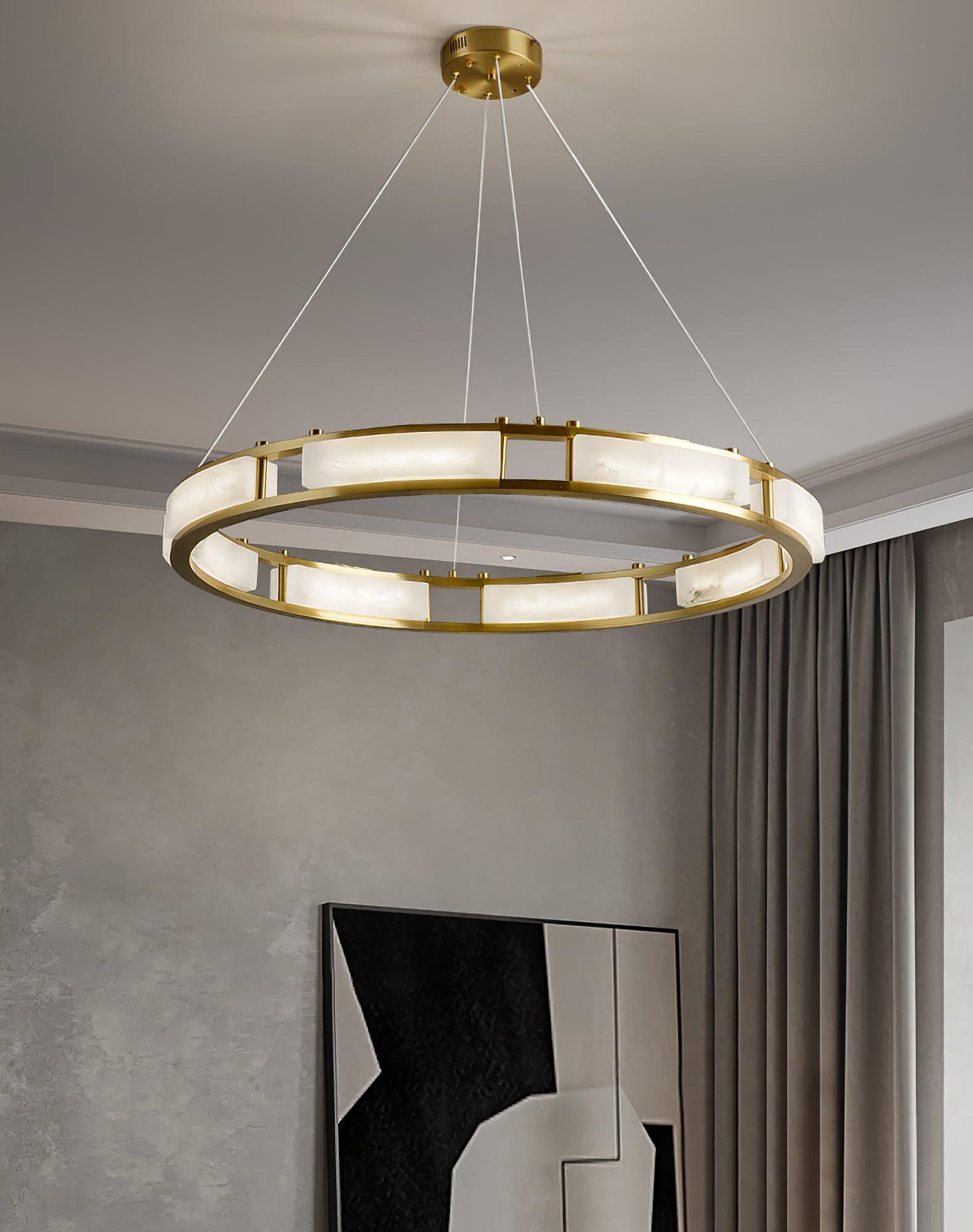 Qatar chandelier with round brass canopy in a room corner