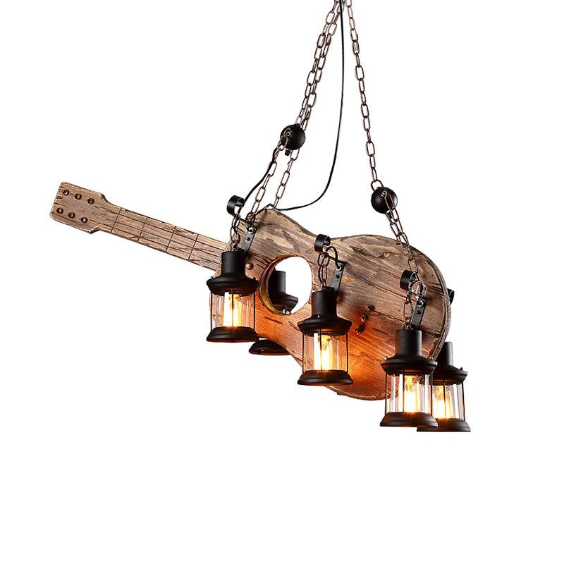 106 cm acoustic-guitar-shaped wooden pendant with a sound-hole detail and four black lanterns