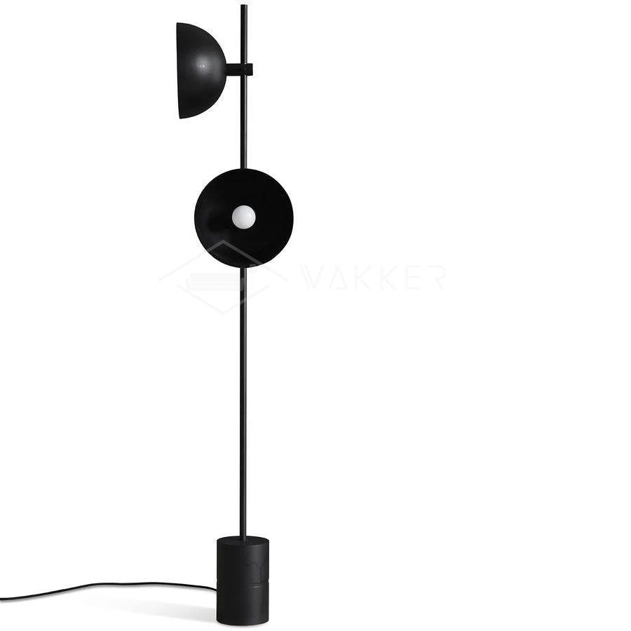 Studio floor lamp with the lower bowl-shaped shade facing forward and upper shade in profile.