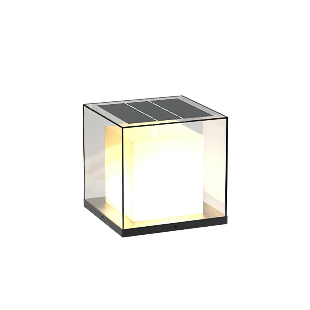 Solar version of the glass cube light with a dark segmented panel on top, glowing white inner cube and dark base