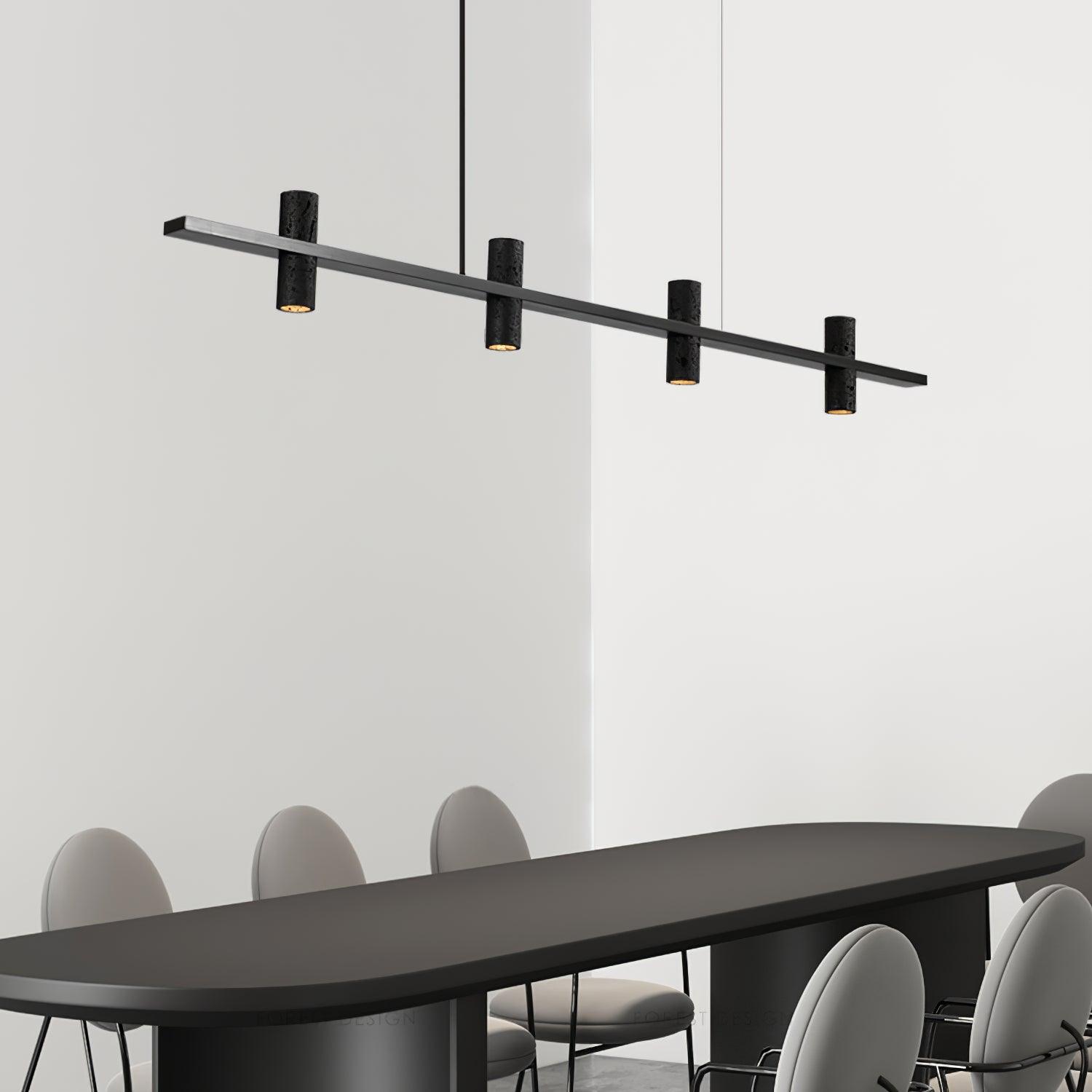 Four glowing lower stone openings above long dark oval table, surrounded by pale upholstered oval-back chairs on metal frames.