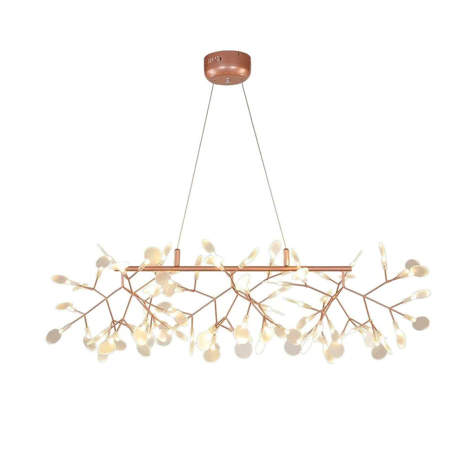 Full rose-gold-colour petal chandelier on white, with two suspension lines converging at a round canopy