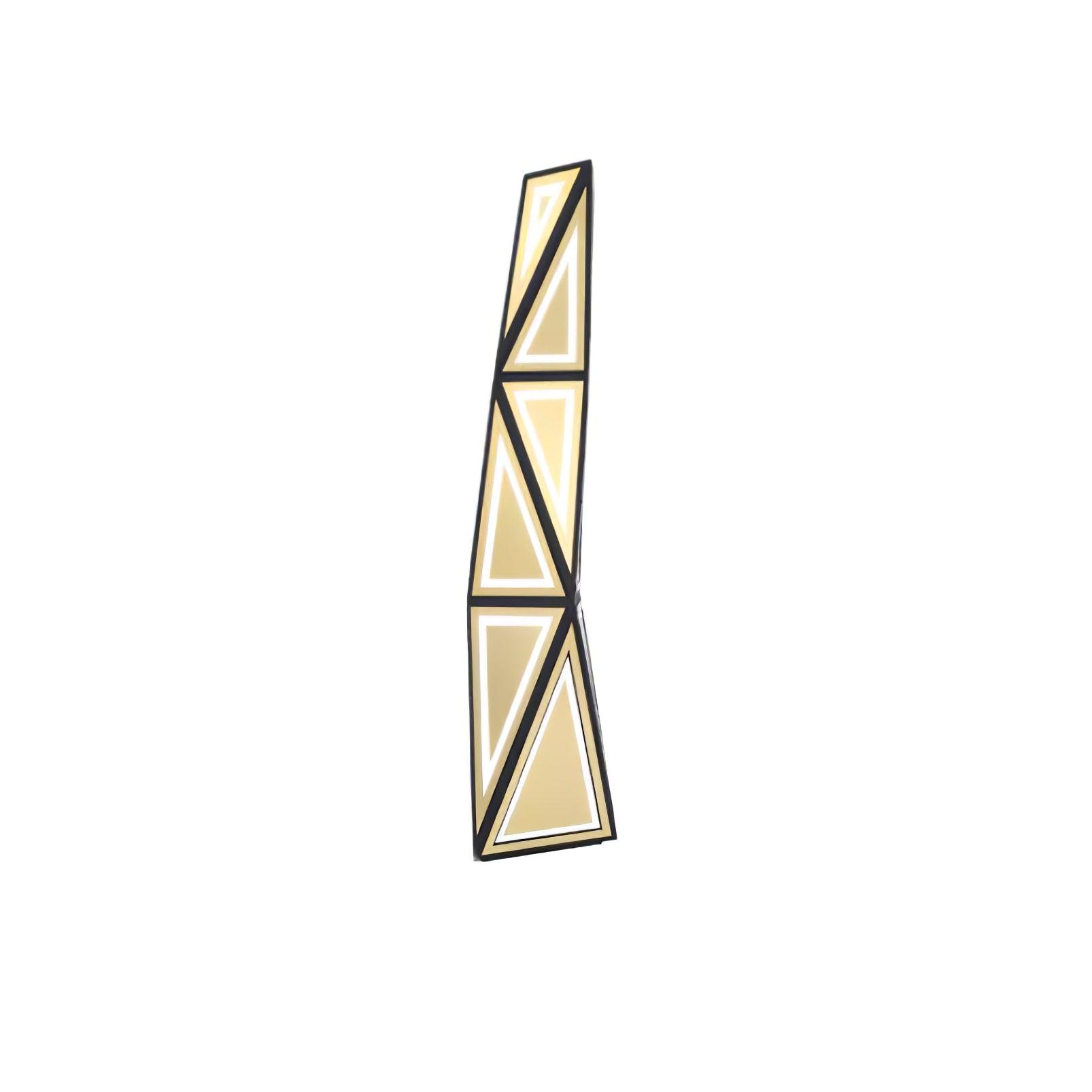 Full black and gold angular floor lamp with illuminated triangular outlines on white