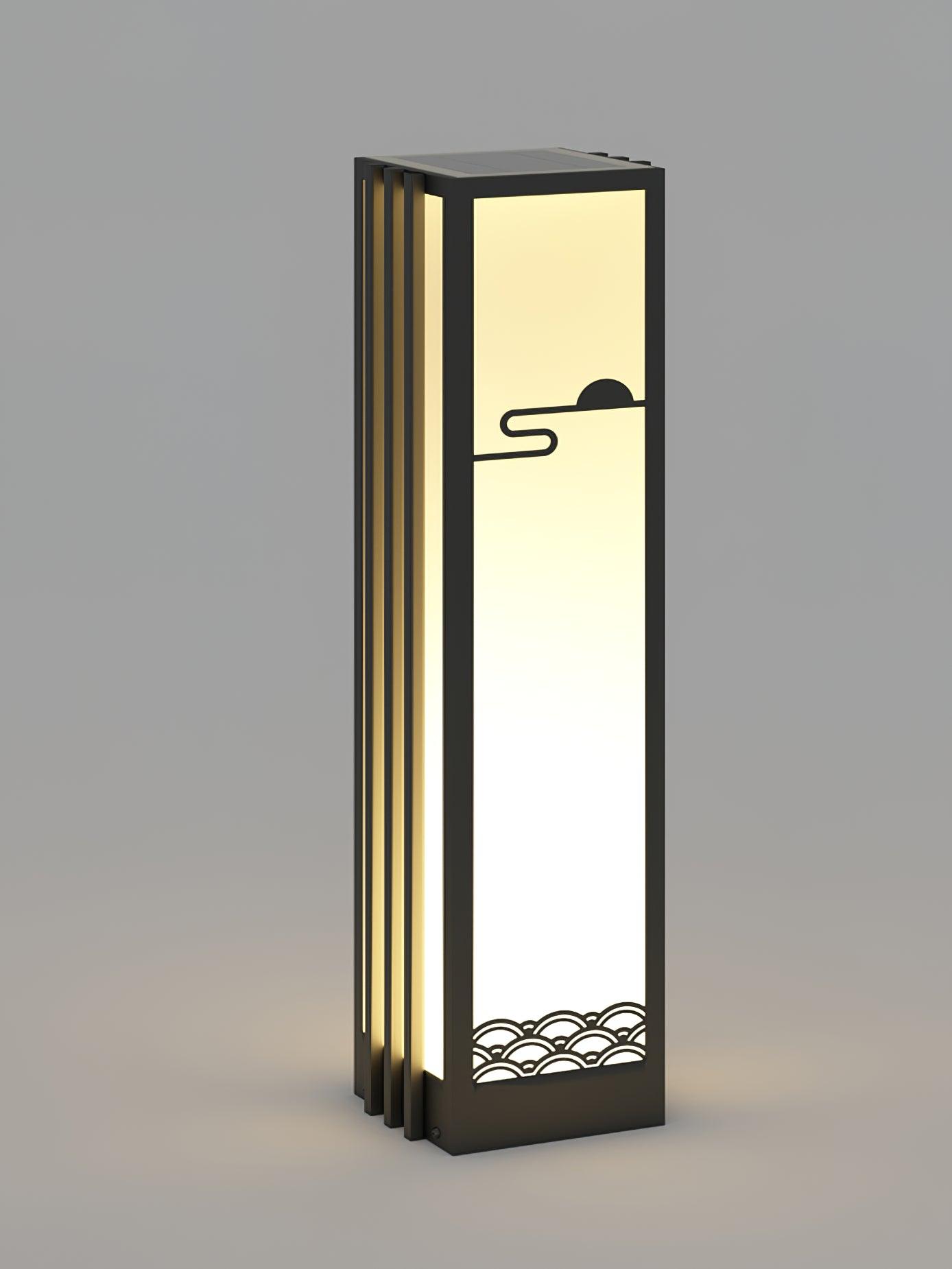 Isolated tall solar lantern with top panel, black frame, pale illuminated front and vertical side fins