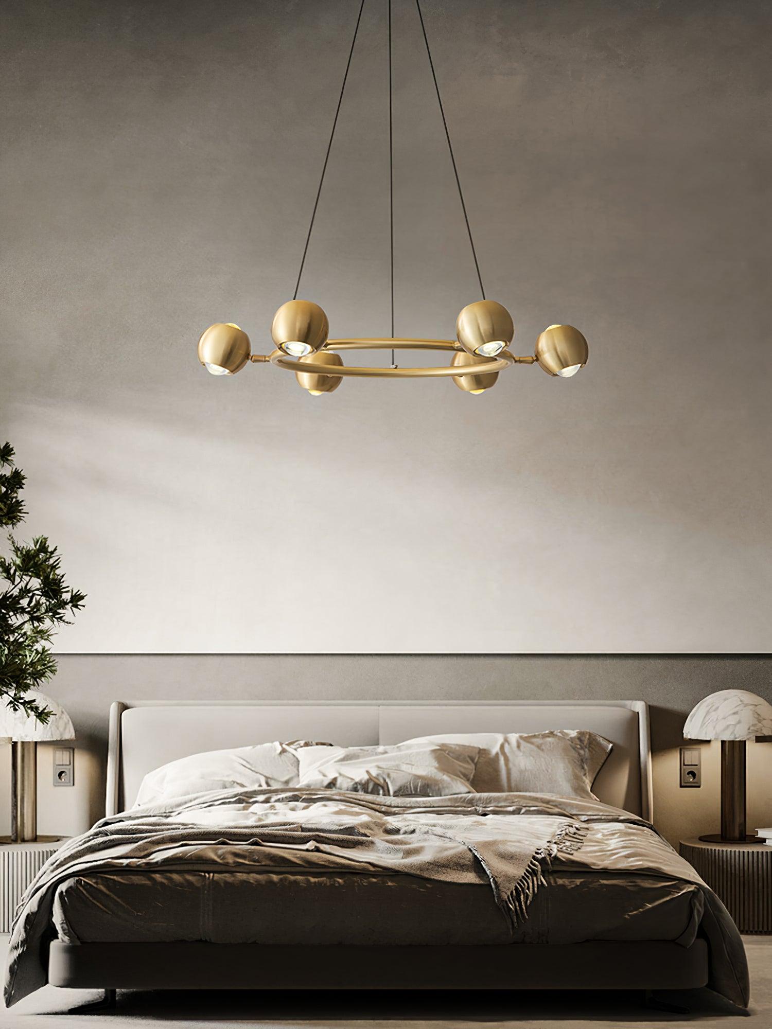Six-head chandelier in a dark bedroom setting