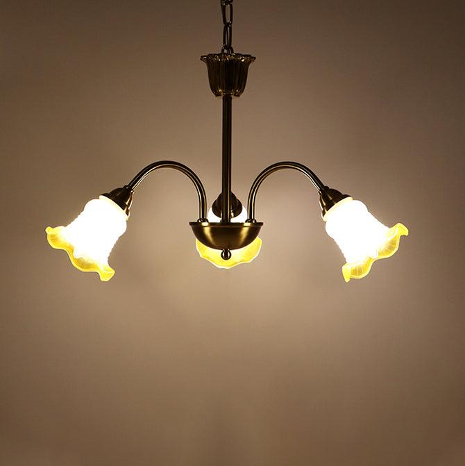 Three-head Yellow chandelier with central downward shade