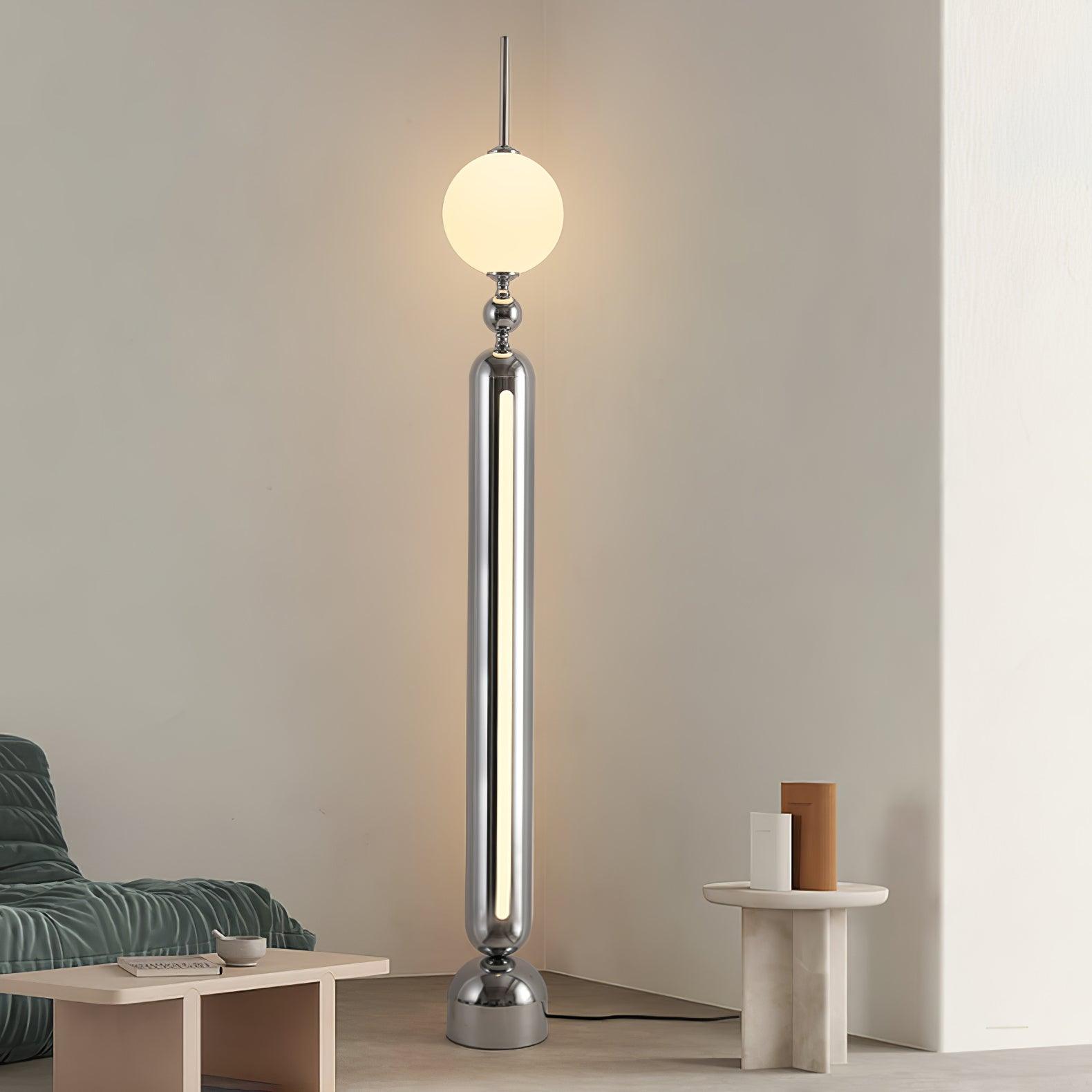 Lightning Rod chrome floor lamp with a white globe and vertical light strip