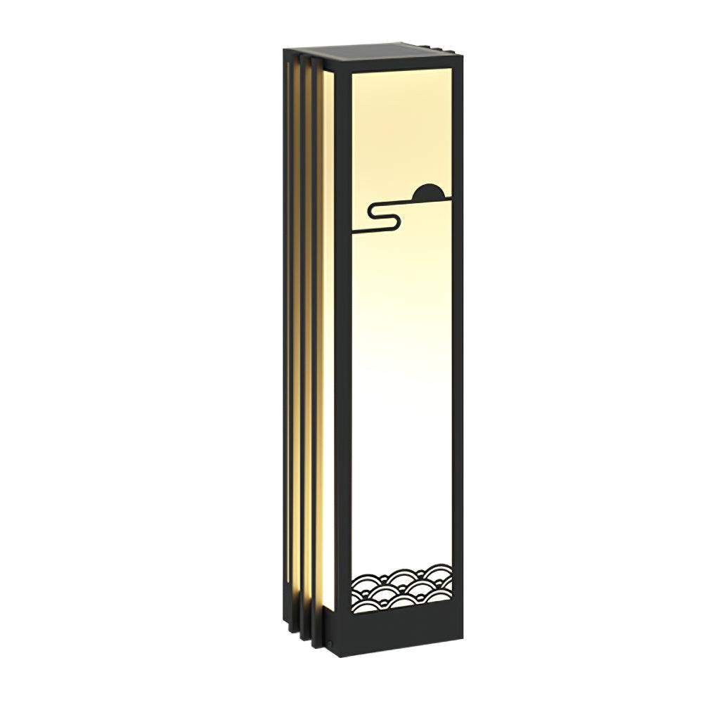 Model B solar lantern in slim 20 x 18 x 70 cm size, with top panel, black side fins and sun-and-wave front