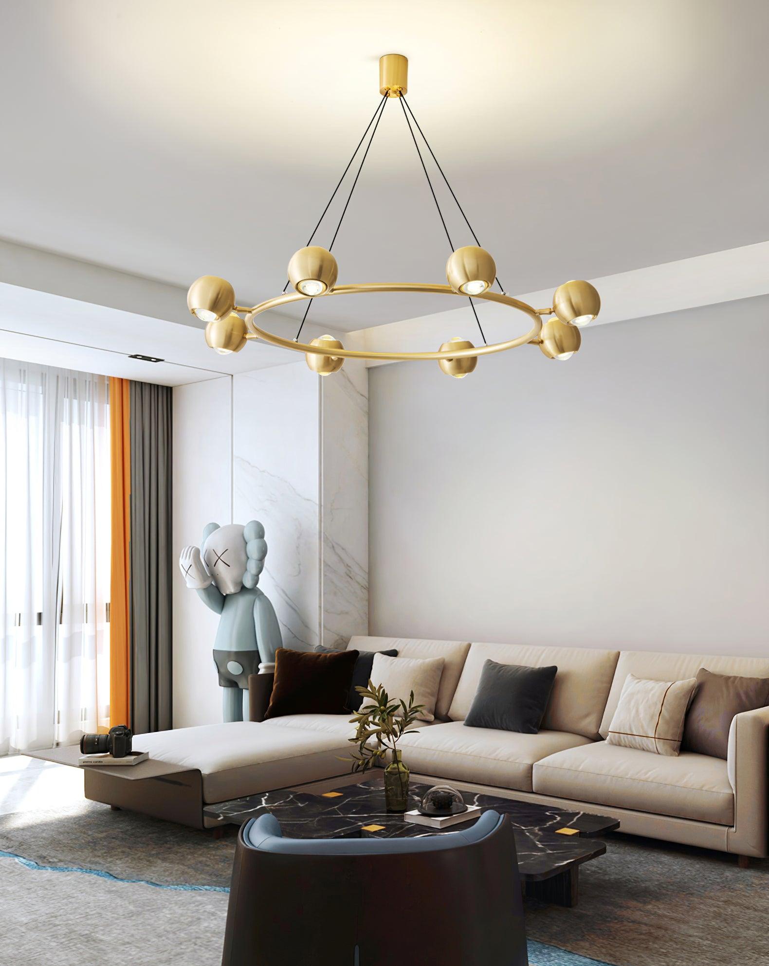 Ring chandelier above a sofa and coffee table