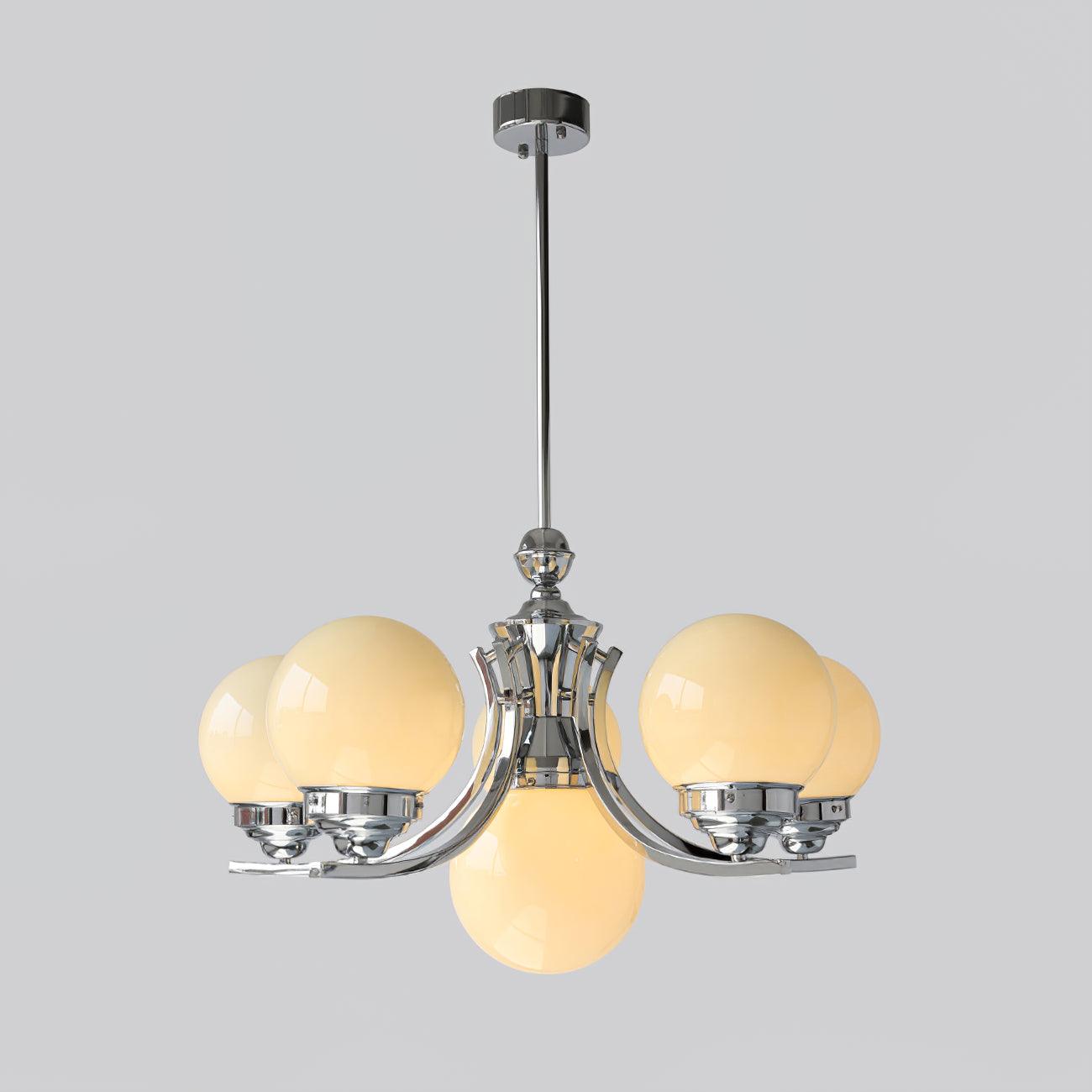 6-light A in Chrome+Beige, with rising chrome arms and a central lower globe beneath a round canopy