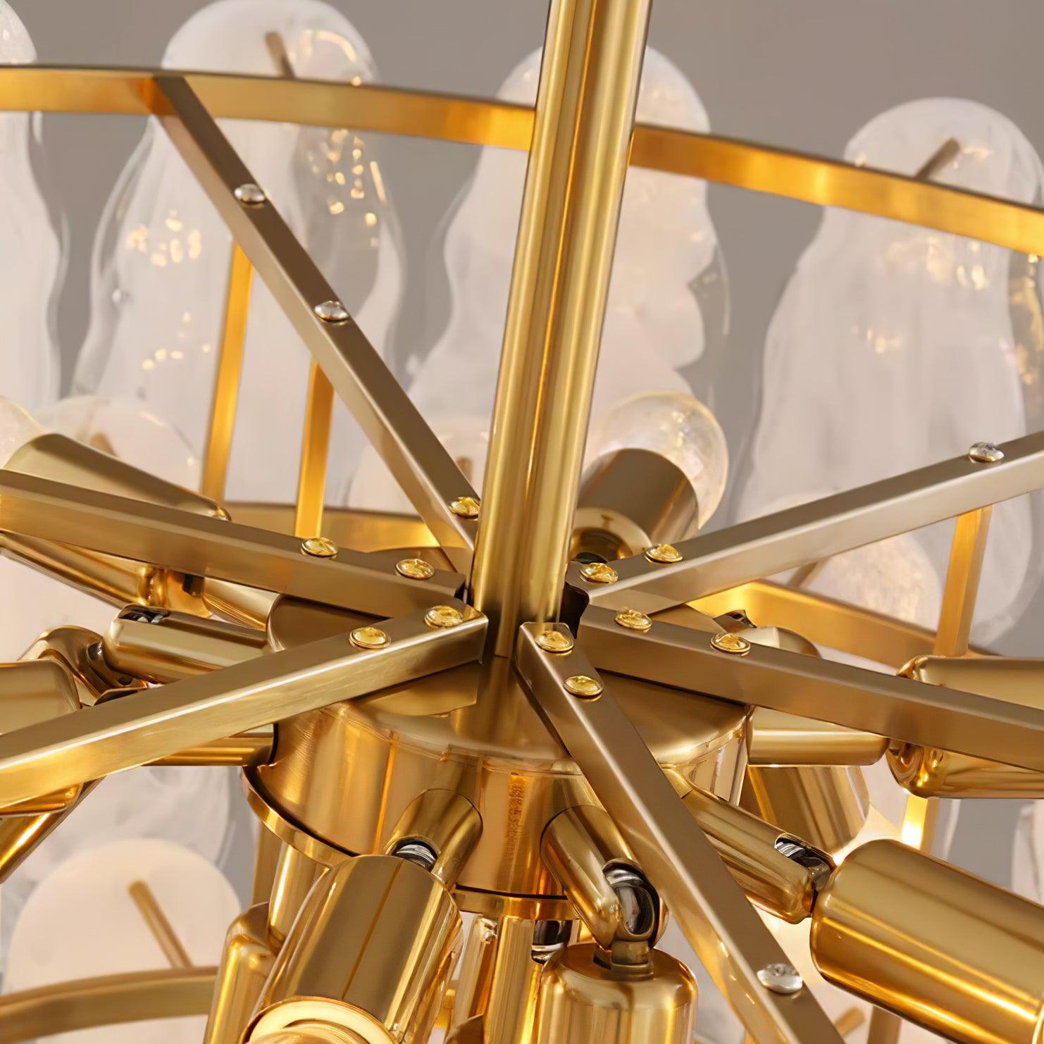 Close view of the Round Cloud central rod, radial frame bars and round bulbs inside the glass layers