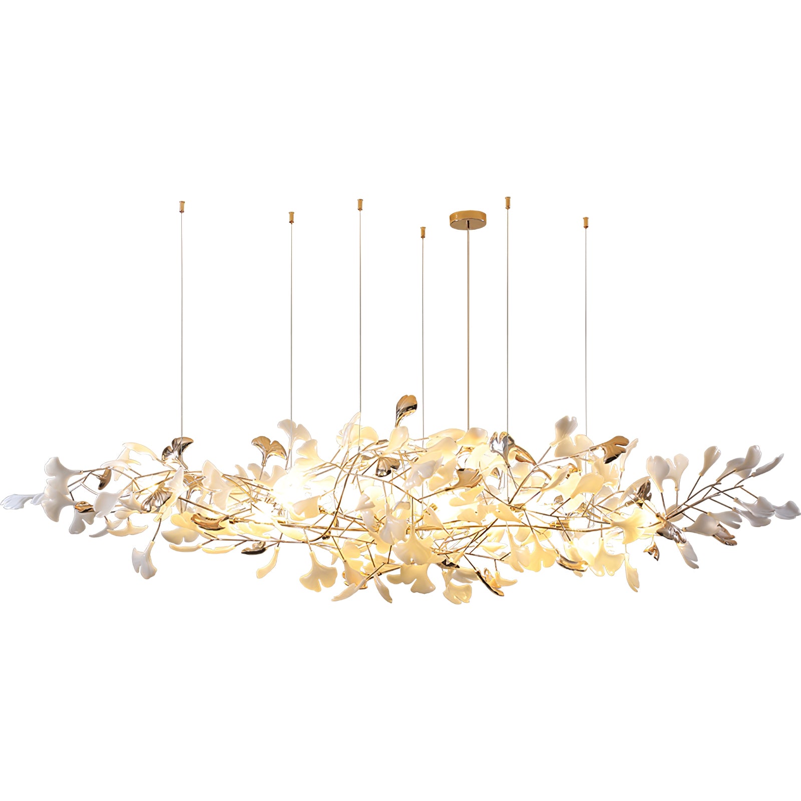 Square white-background product view of broad branching white-and-gold leaf cloud and fine suspension lines