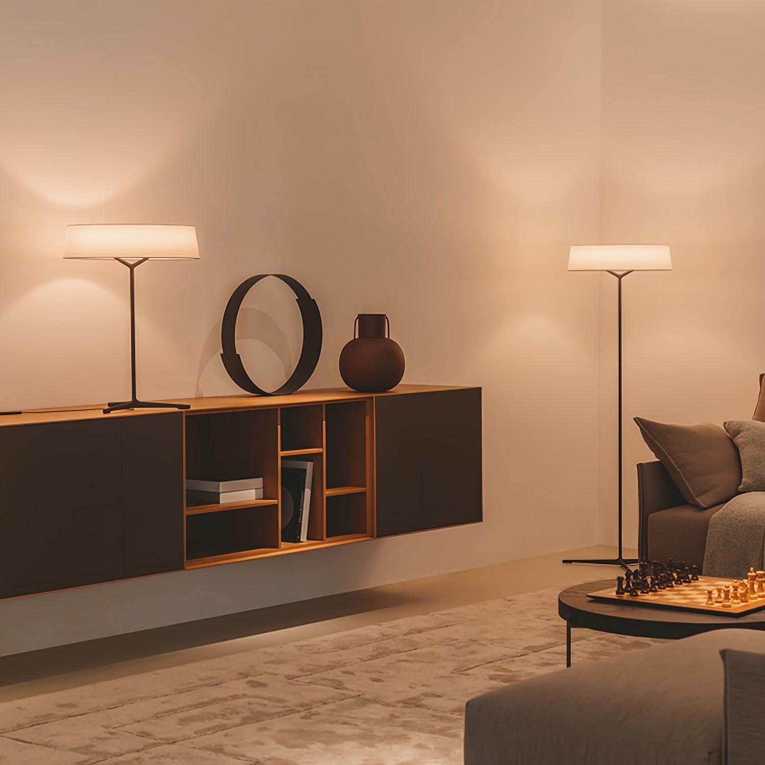 Paper Glow floor and table lamps shown in a living room
