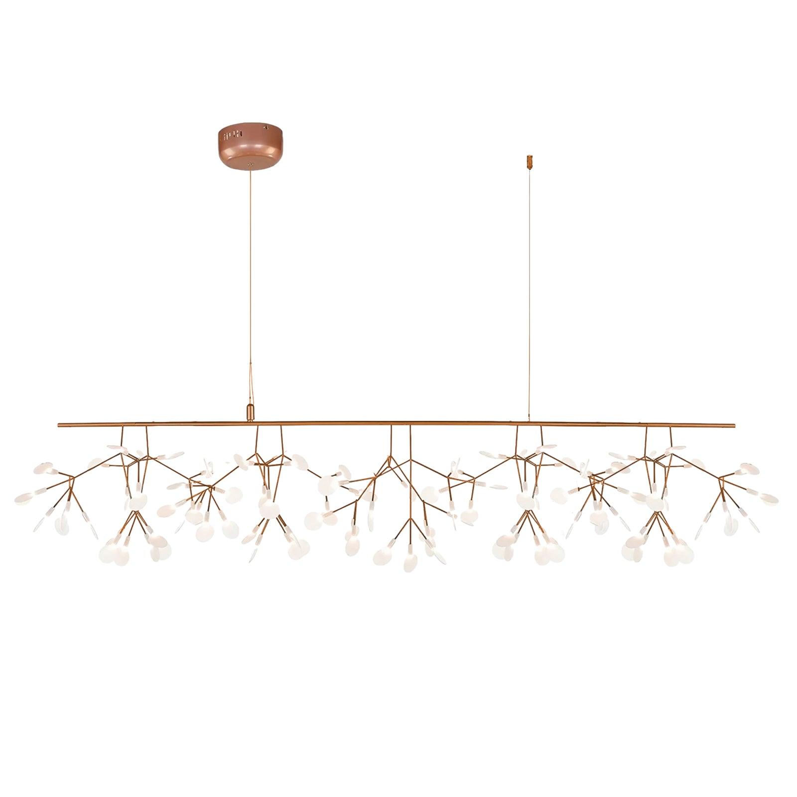 Model A 150 cm Rose Gold Firefly chandelier, with white acrylic petals, left round canopy and separate right anchor