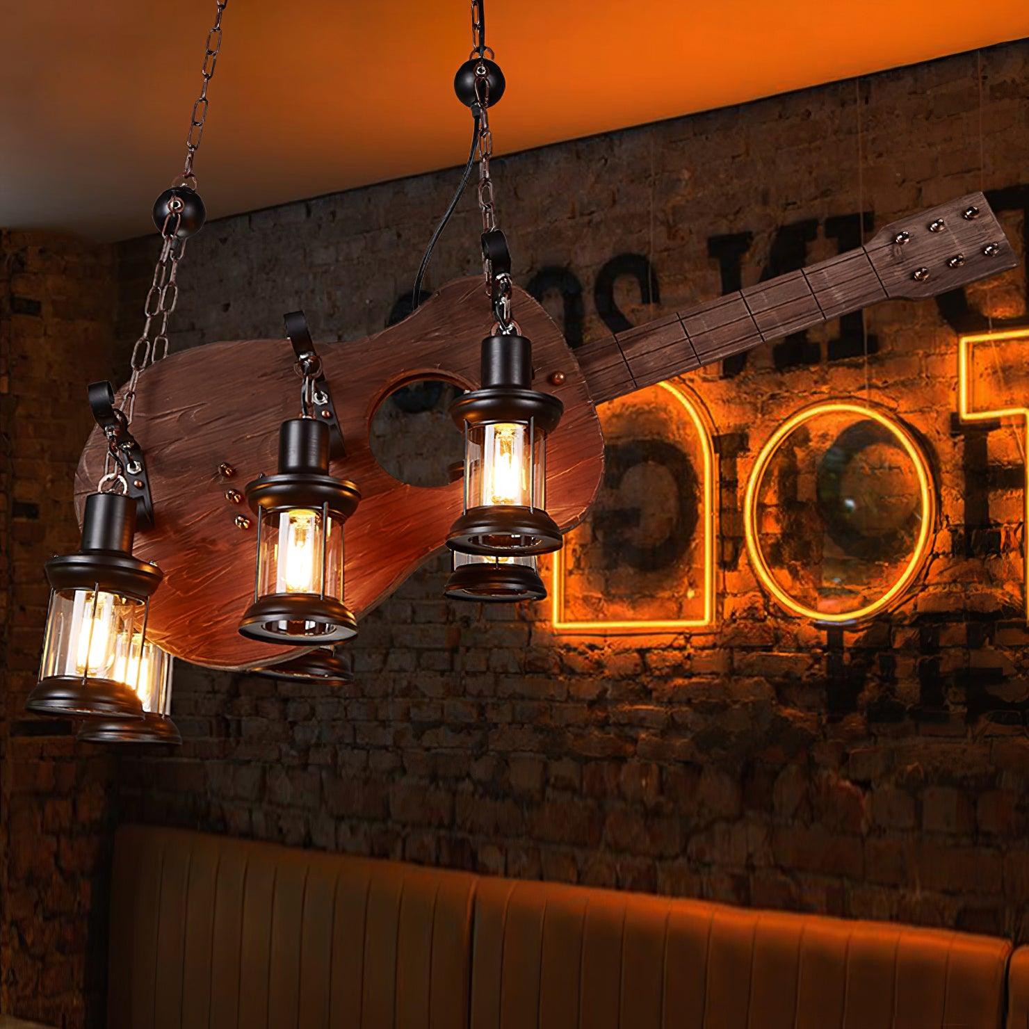 Wood and Black guitar fixture in a bar setting