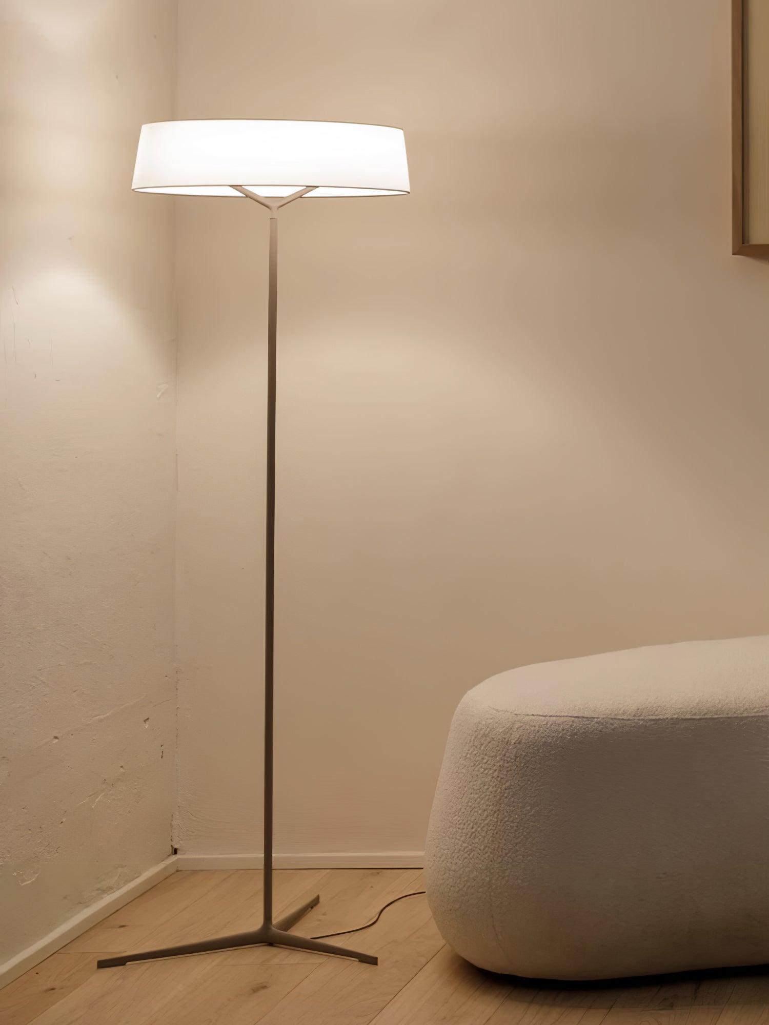 Grey floor lamp and floor cord beside a sofa