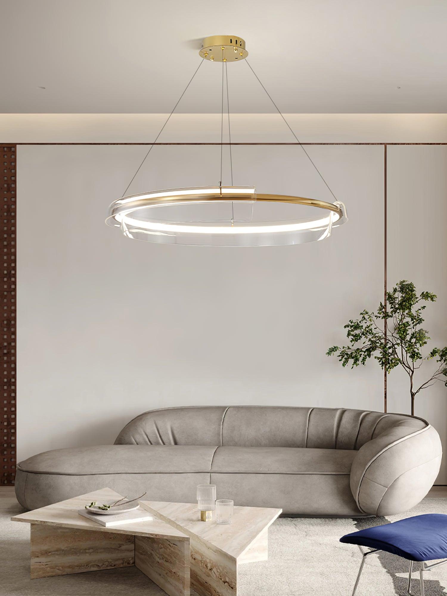 Ring chandelier in a light-coloured living room