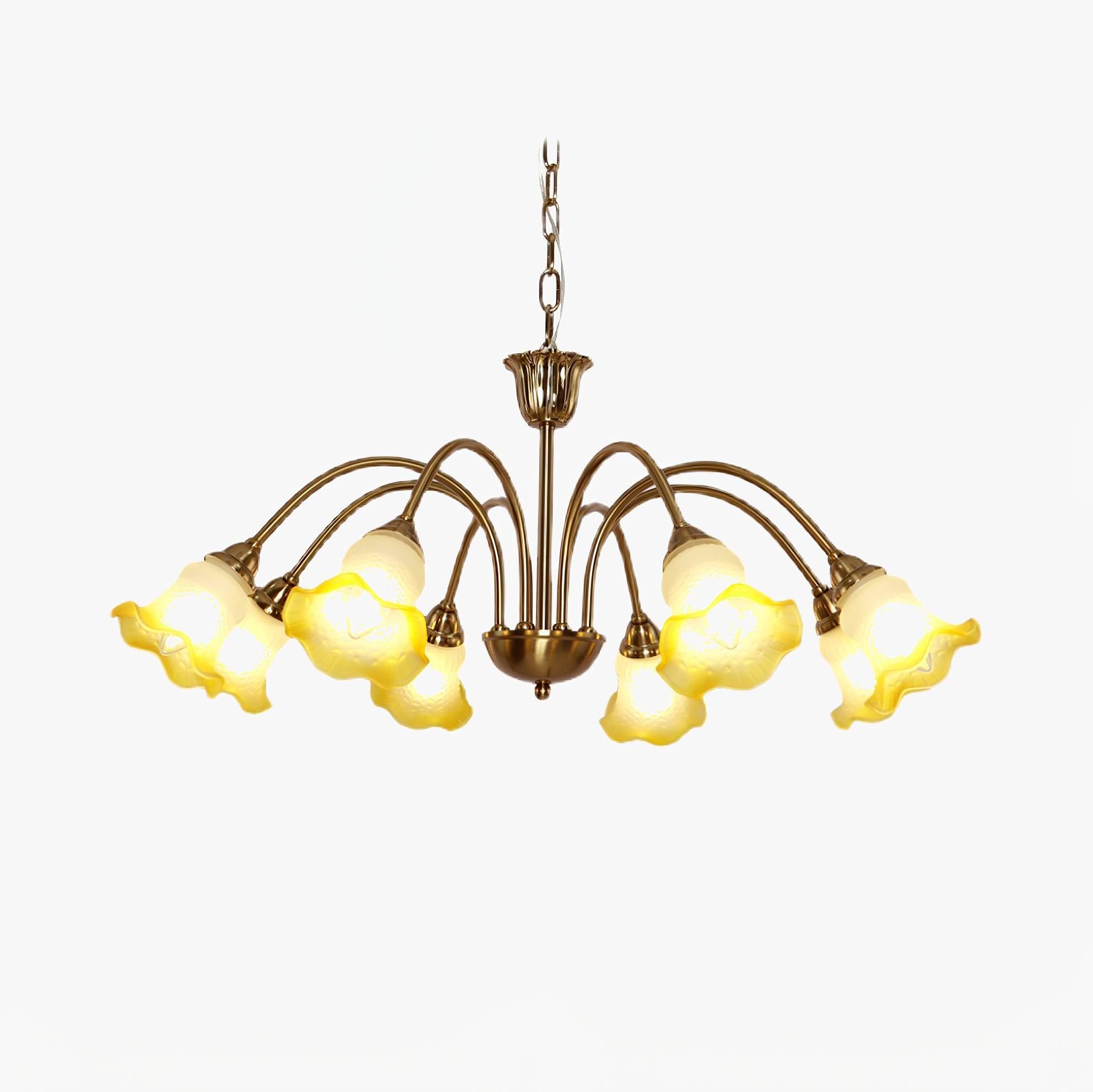 Yellow multi-head chandelier on a plain background