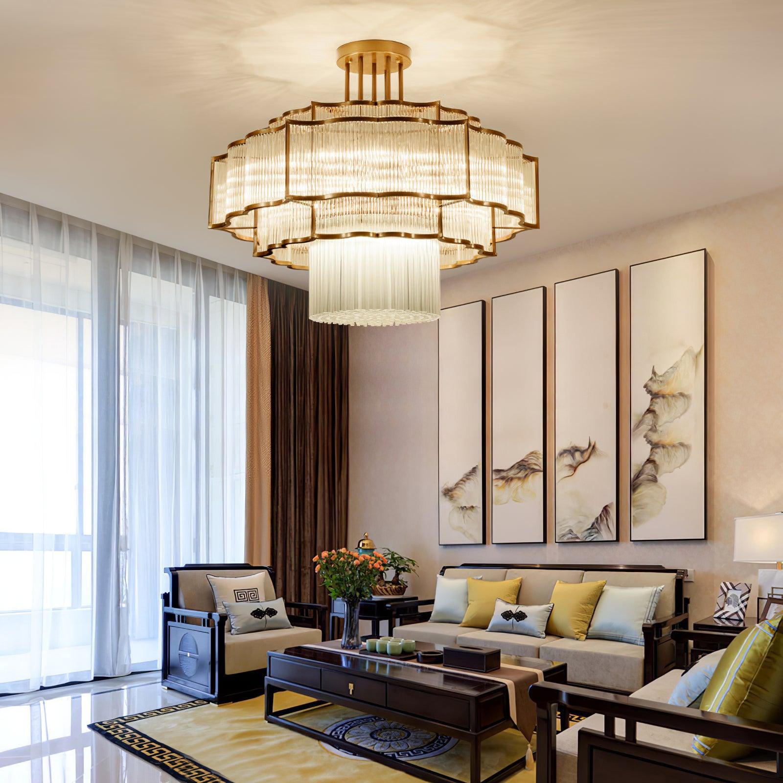 Pharo II tiered chandelier with clear ridged elements and a scalloped metal frame