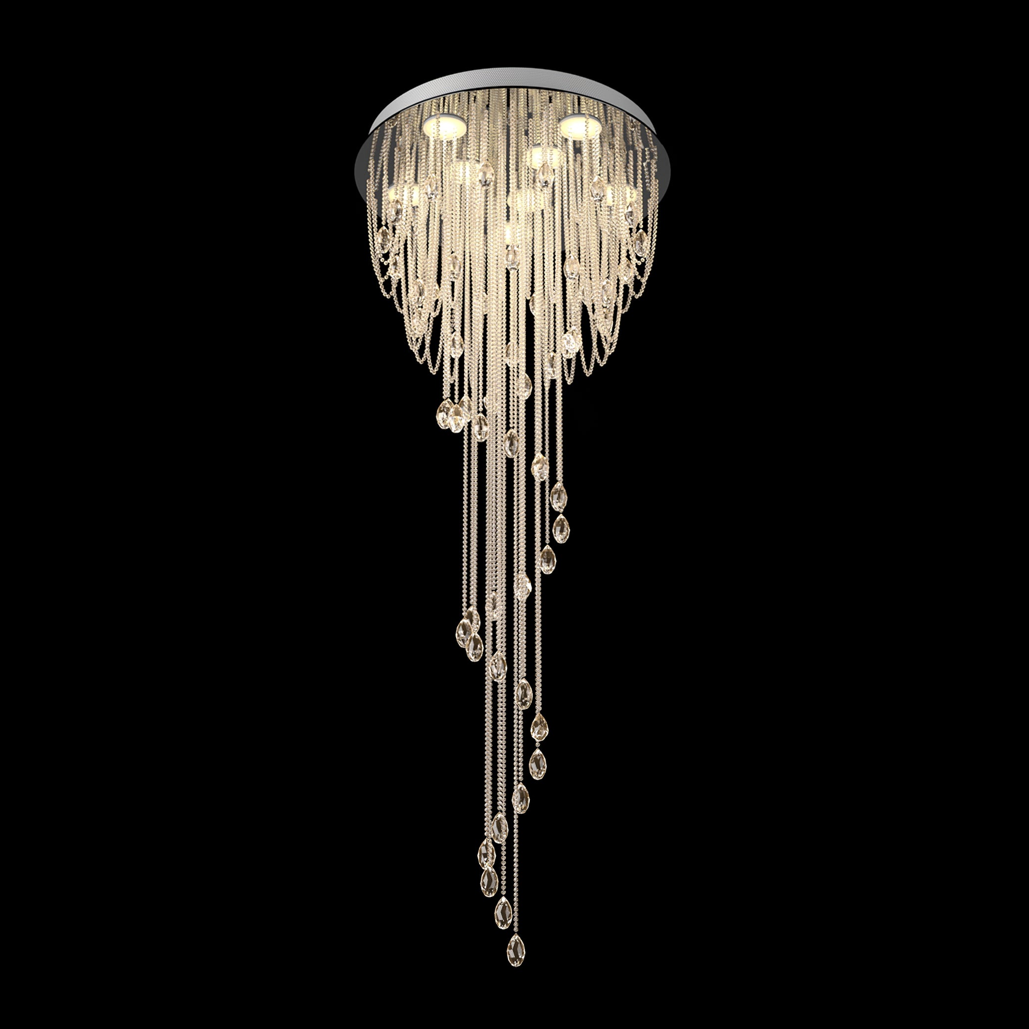 Isolated bright crystal spiral on black viewed from below, showing round light apertures beneath the chrome ceiling disc