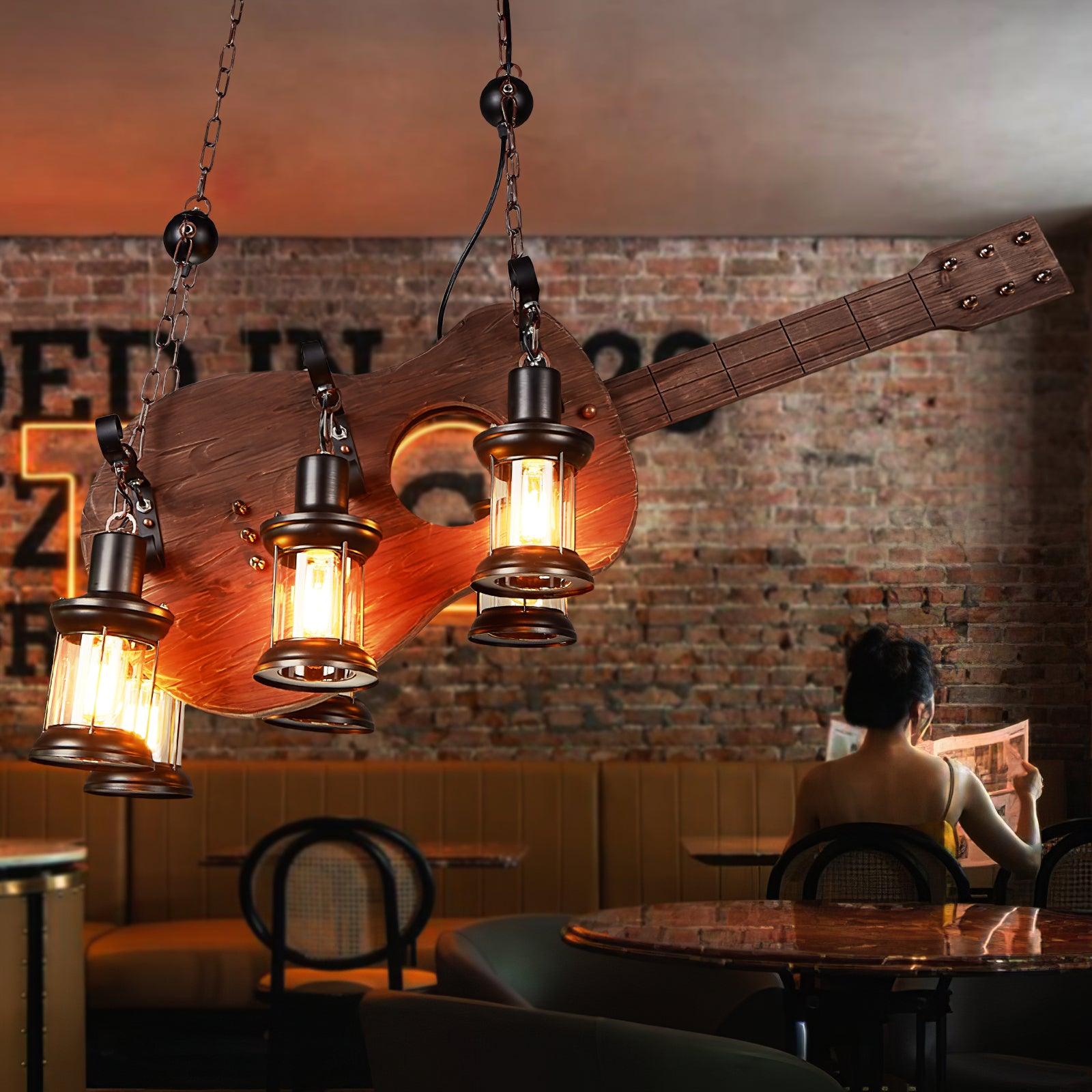 Guitar lantern pendant in a brick-walled restaurant