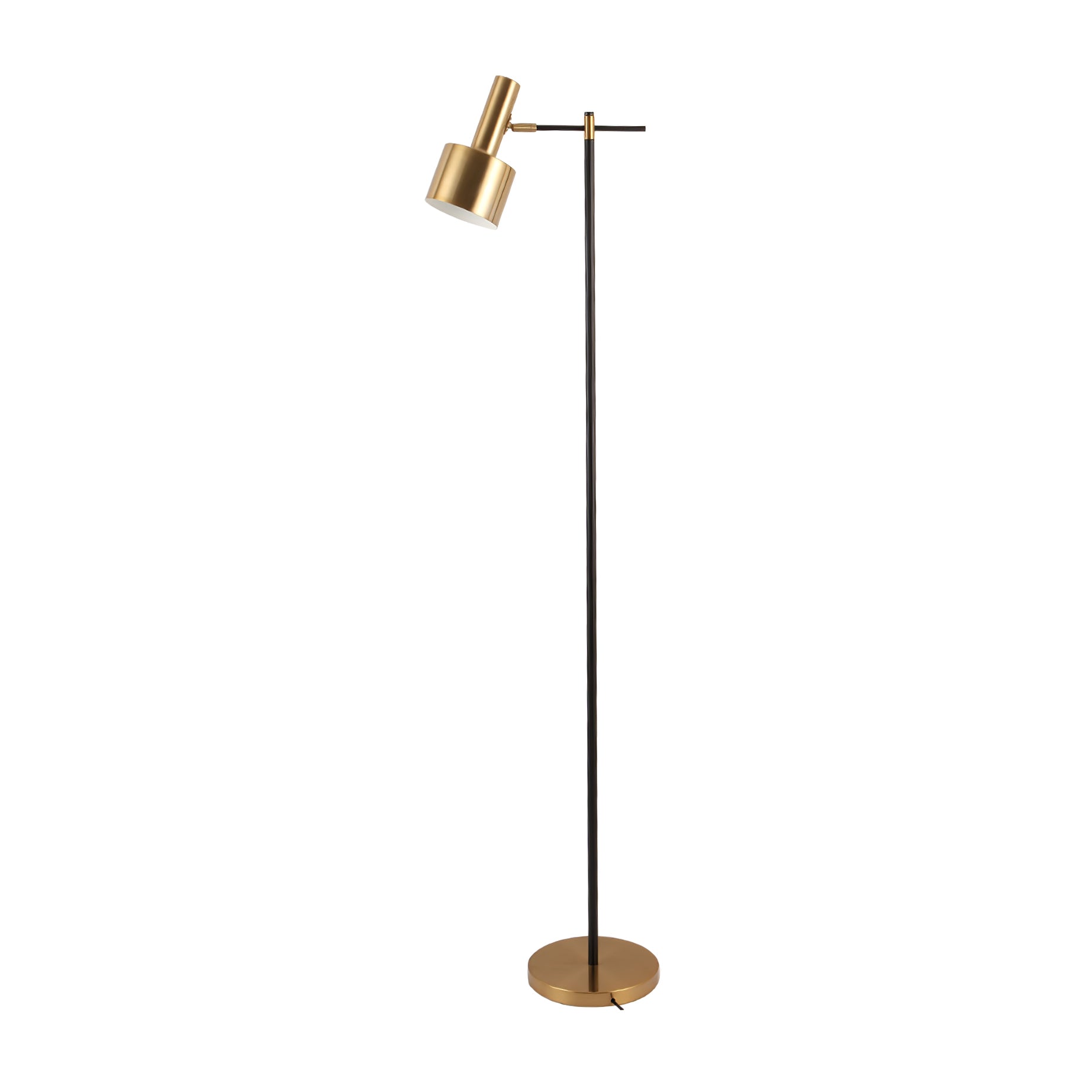 Full Lento floor lamp on white with gold head angled left, tall black upright and cord emerging from round base