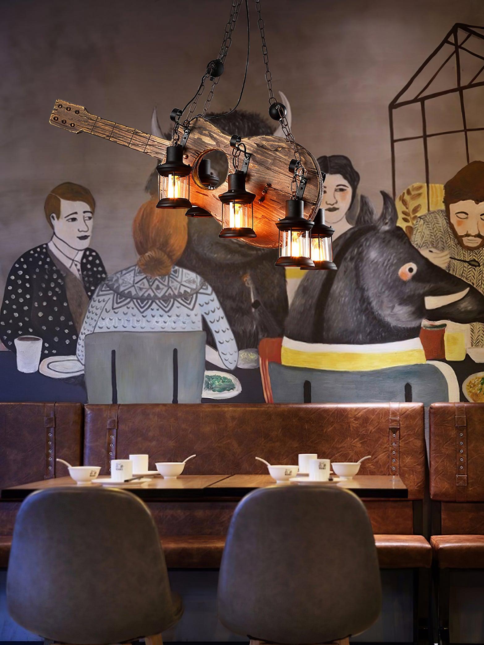 Acoustic-style light in a themed dining interior