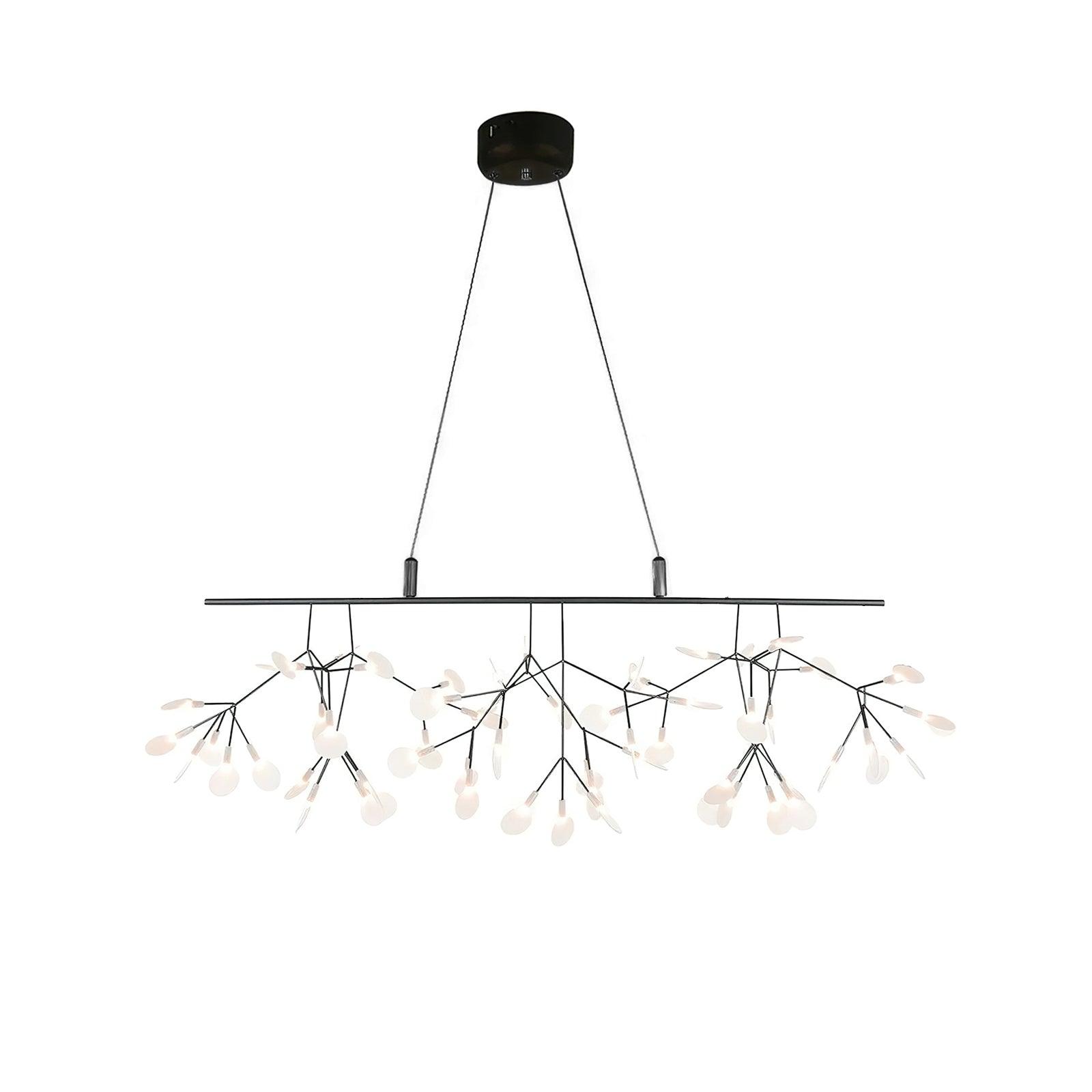 Model B 100 cm Black Firefly chandelier, with acrylic petals and both suspension lines leading to one round canopy