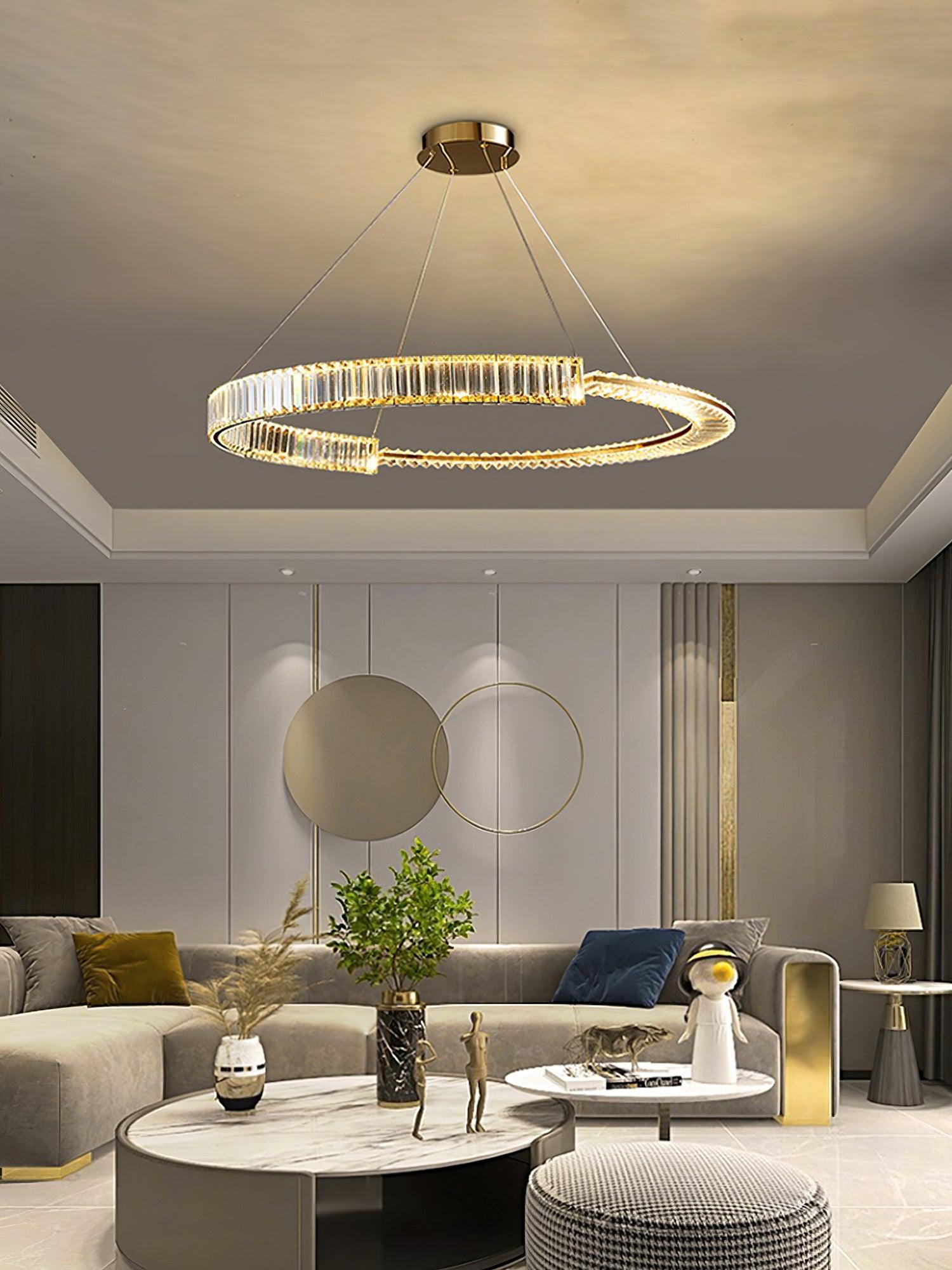 Stella ring chandelier above living-room coffee tables
