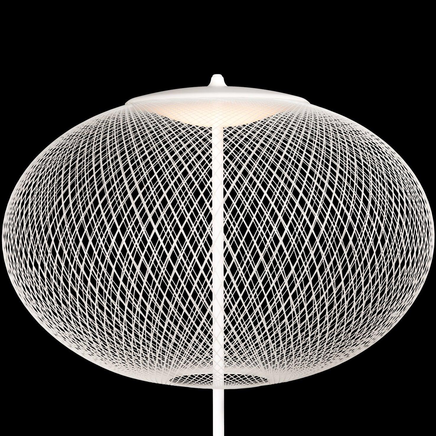 White mesh globe against black, showing its white top cap, illuminated upper element and central stem