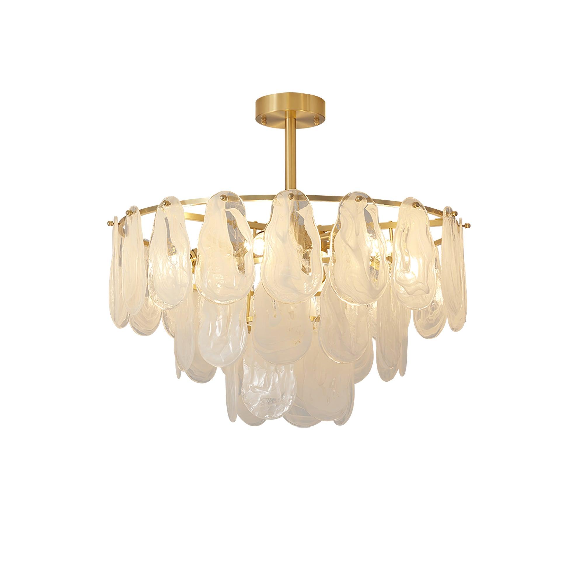 Circular Round Cloud pendant with two overlapping tiers of white-swirled glass panels