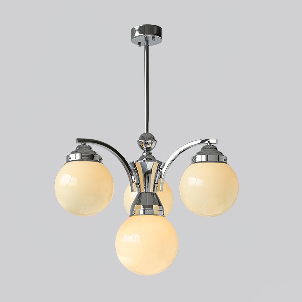 4-light B in Chrome+Beige, with globes below arching chrome arms and one central lower globe