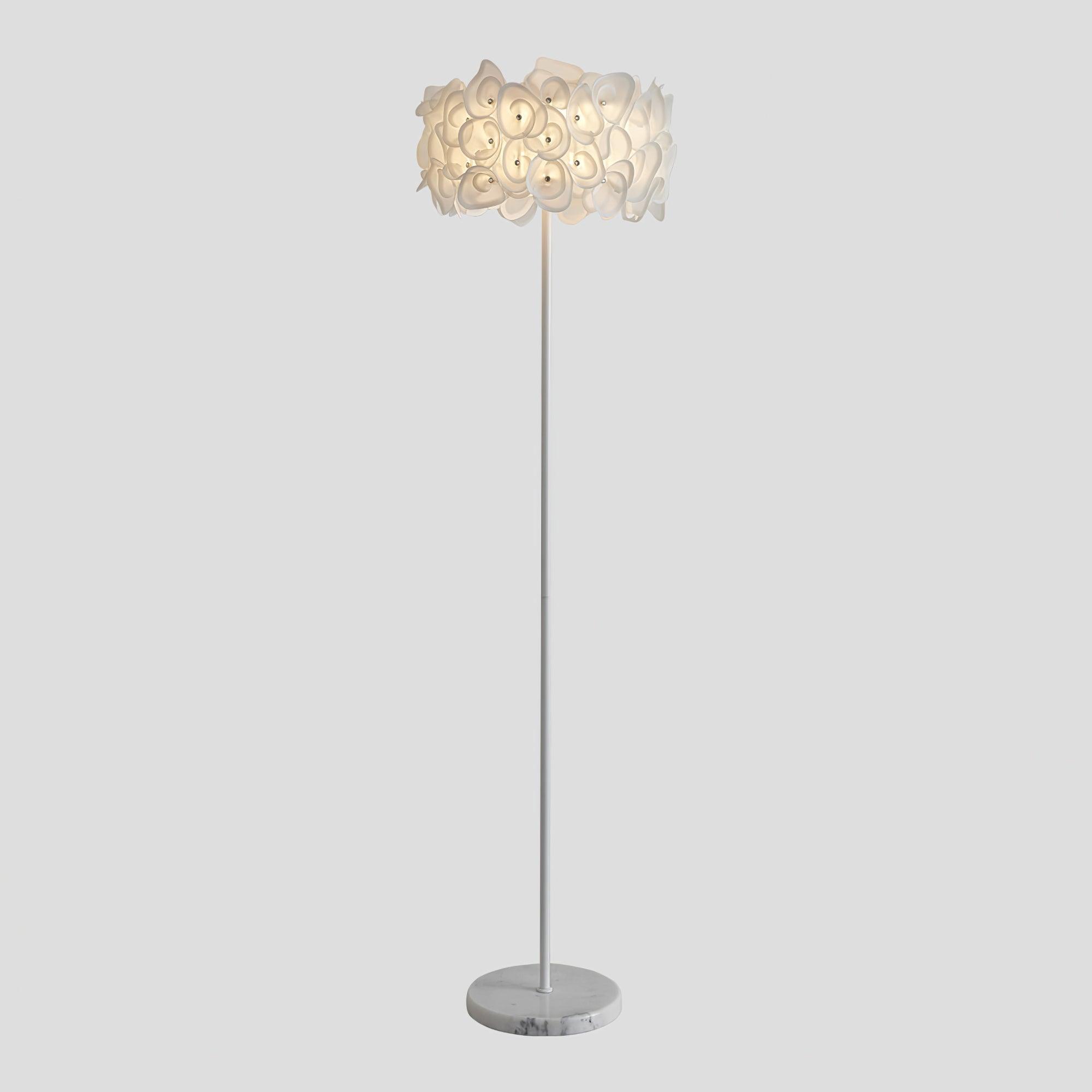 Large isolated upright white Hydrangea floor lamp, glowing overlapping petal shade, slim pole and veined round base
