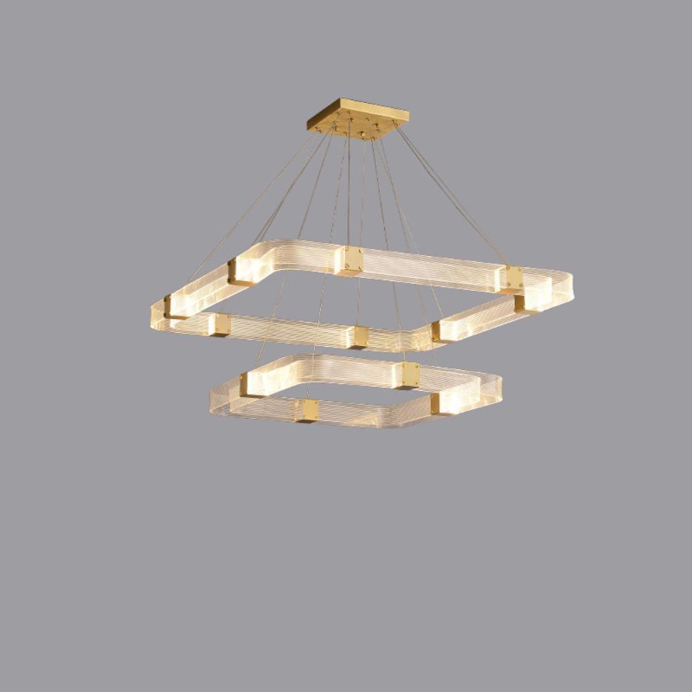 Two-tier square acrylic LED chandelier with gold-tone connectors and descending rounded-corner frames
