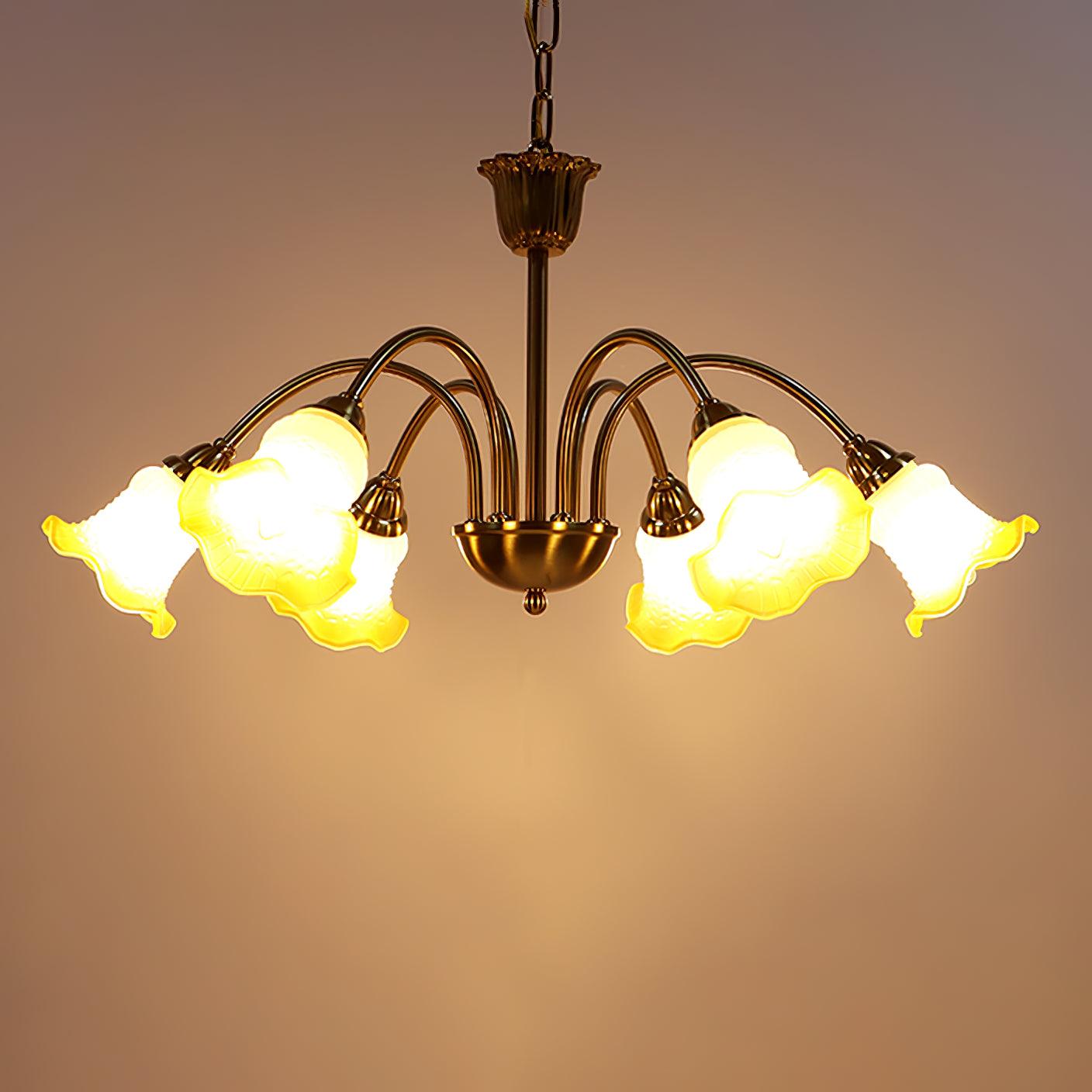 Six-head Morning Glory chandelier with Yellow shades