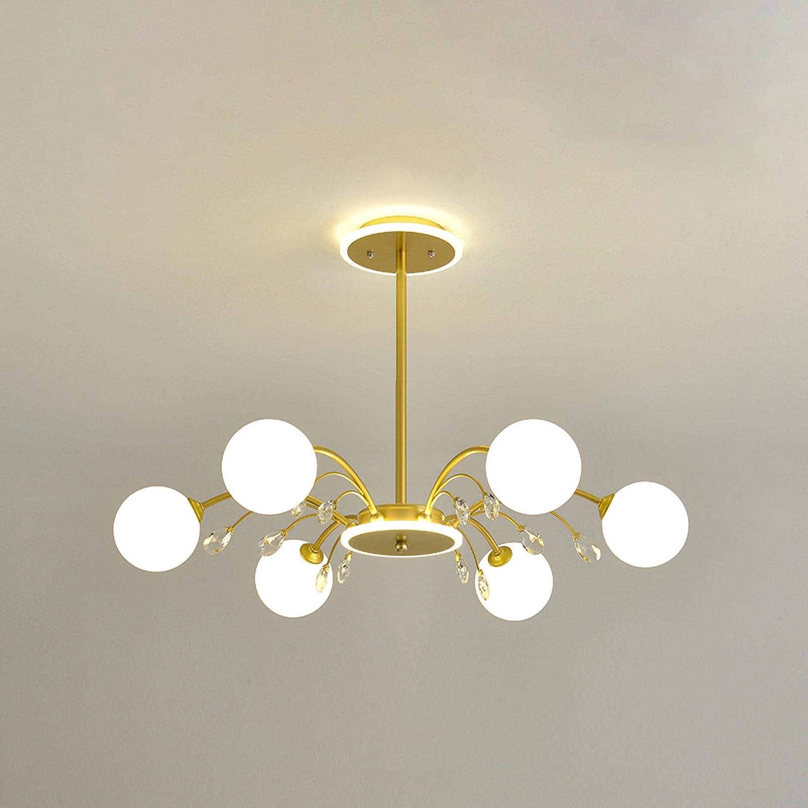 Six-light Gold version with white globes, clear faceted drops, central rod and round canopy, listed at 70 cm diameter