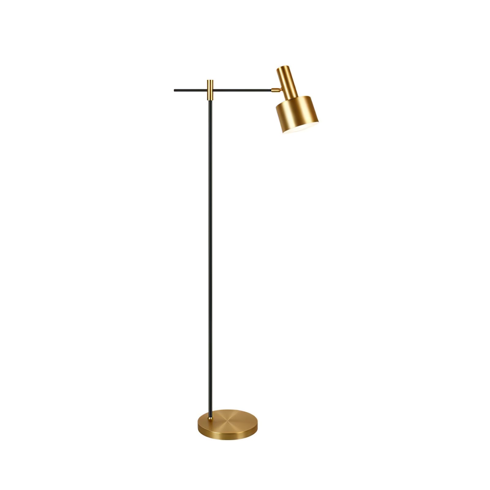 Full lit Lento floor lamp on white with gold head angled right, horizontal black arm and round gold base