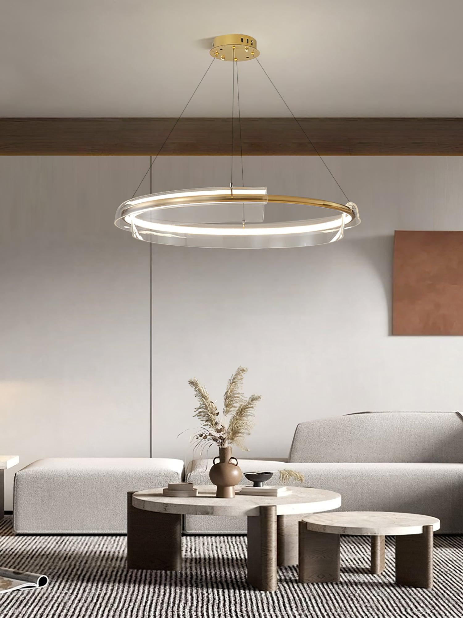 Ring chandelier above a sofa and coffee table