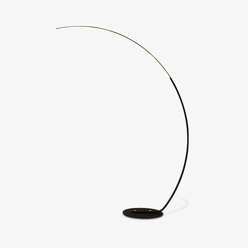 Alternate full Black Arc floor lamp isolated on white, showing slender upper light strip and curved stem to low base